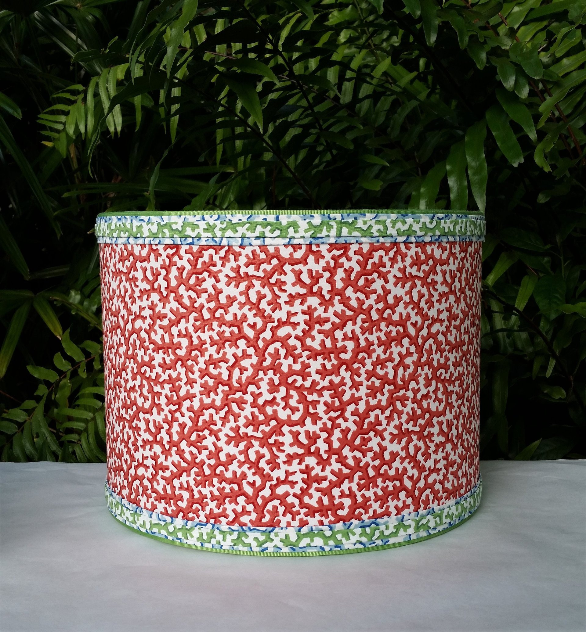 Coral Red Lampshade Drum Blue and Green Trim