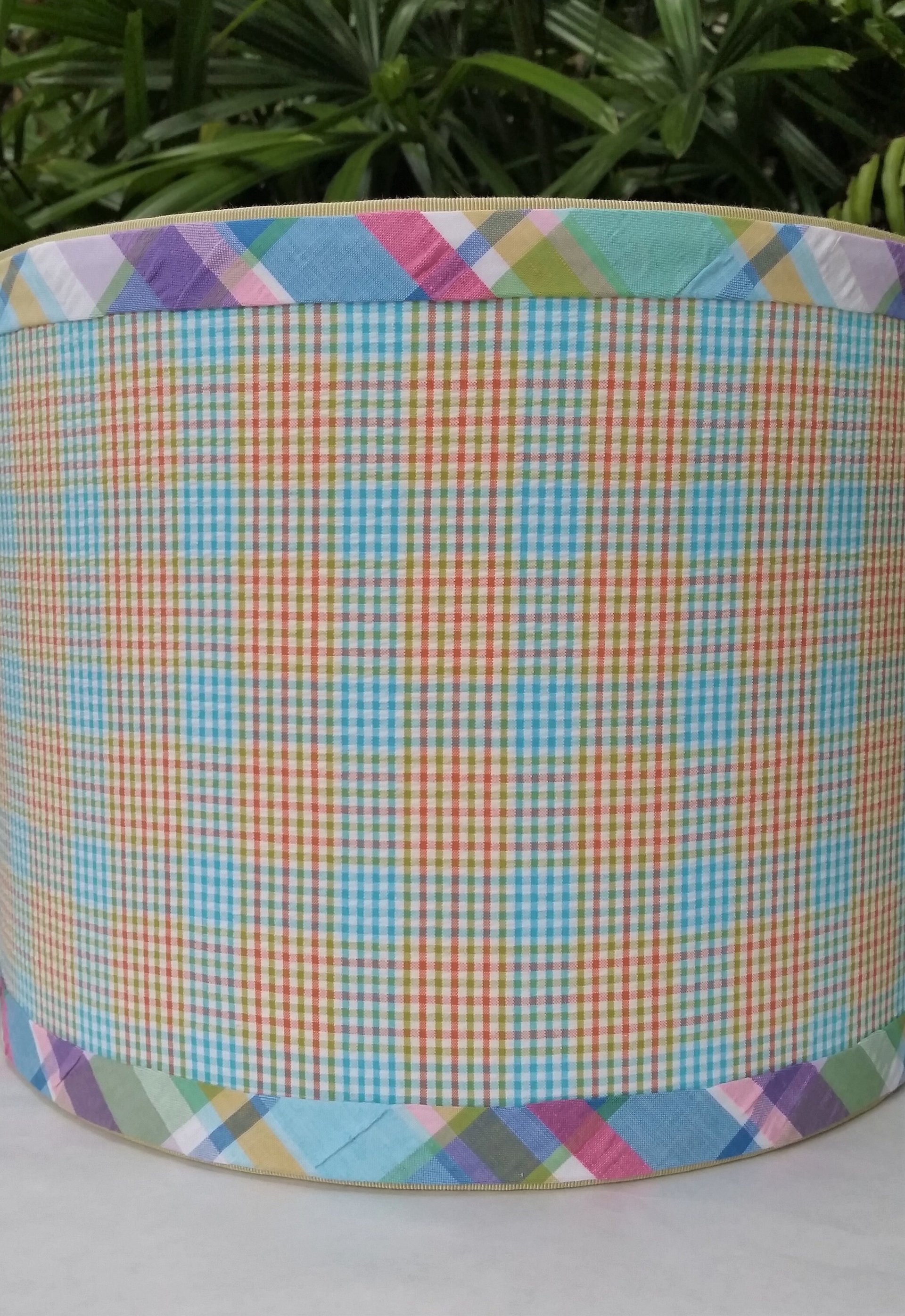 Orange Turquoise Lamp Shade, Gingham Check Plaid Seersucker Drum Lampshade