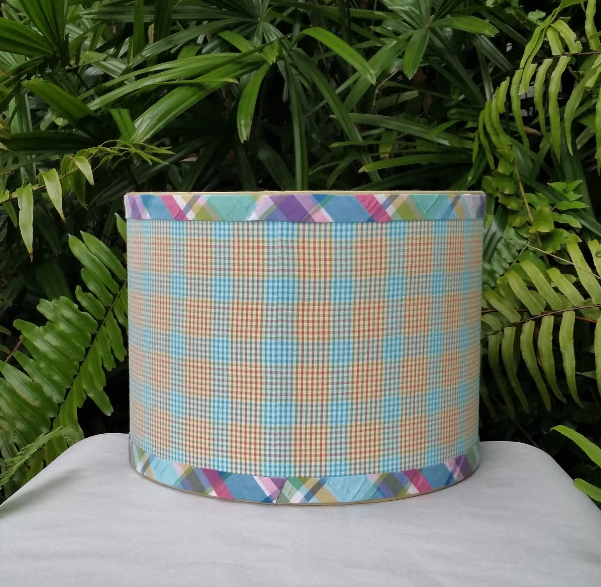 Orange Turquoise Lamp Shade, Gingham Check Plaid Seersucker Drum Lampshade