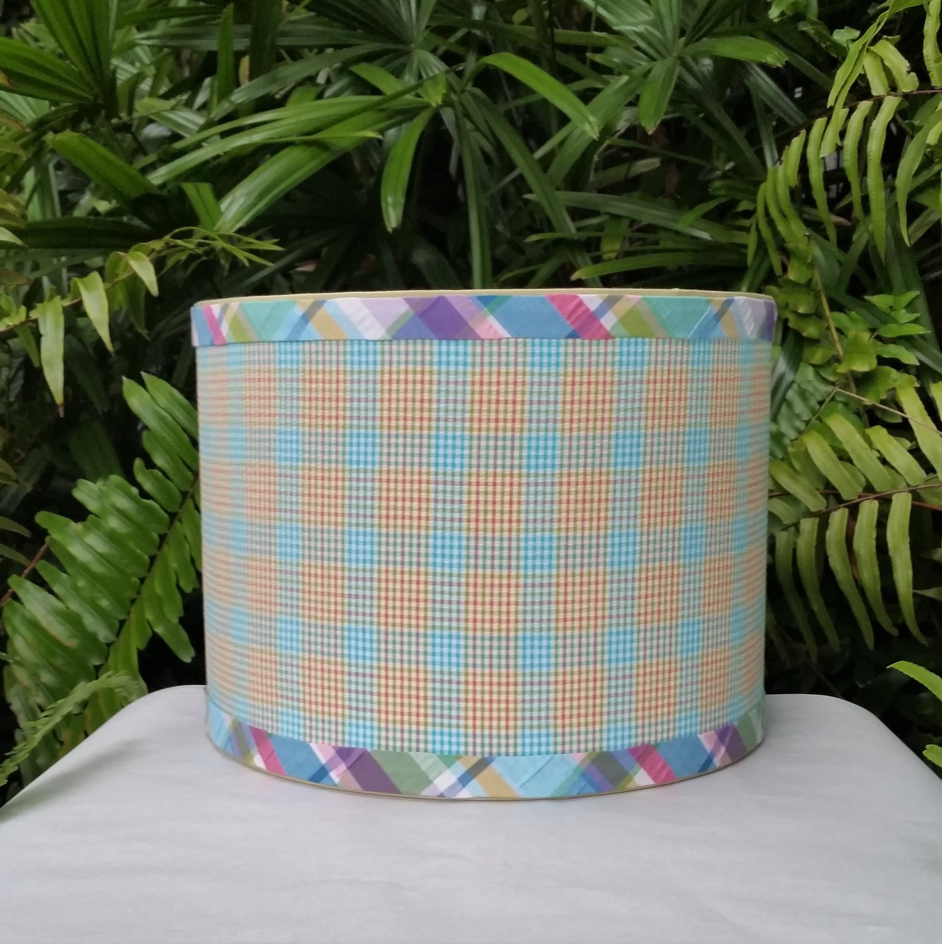 Orange Turquoise Lamp Shade, Gingham Check Plaid Seersucker Drum Lampshade