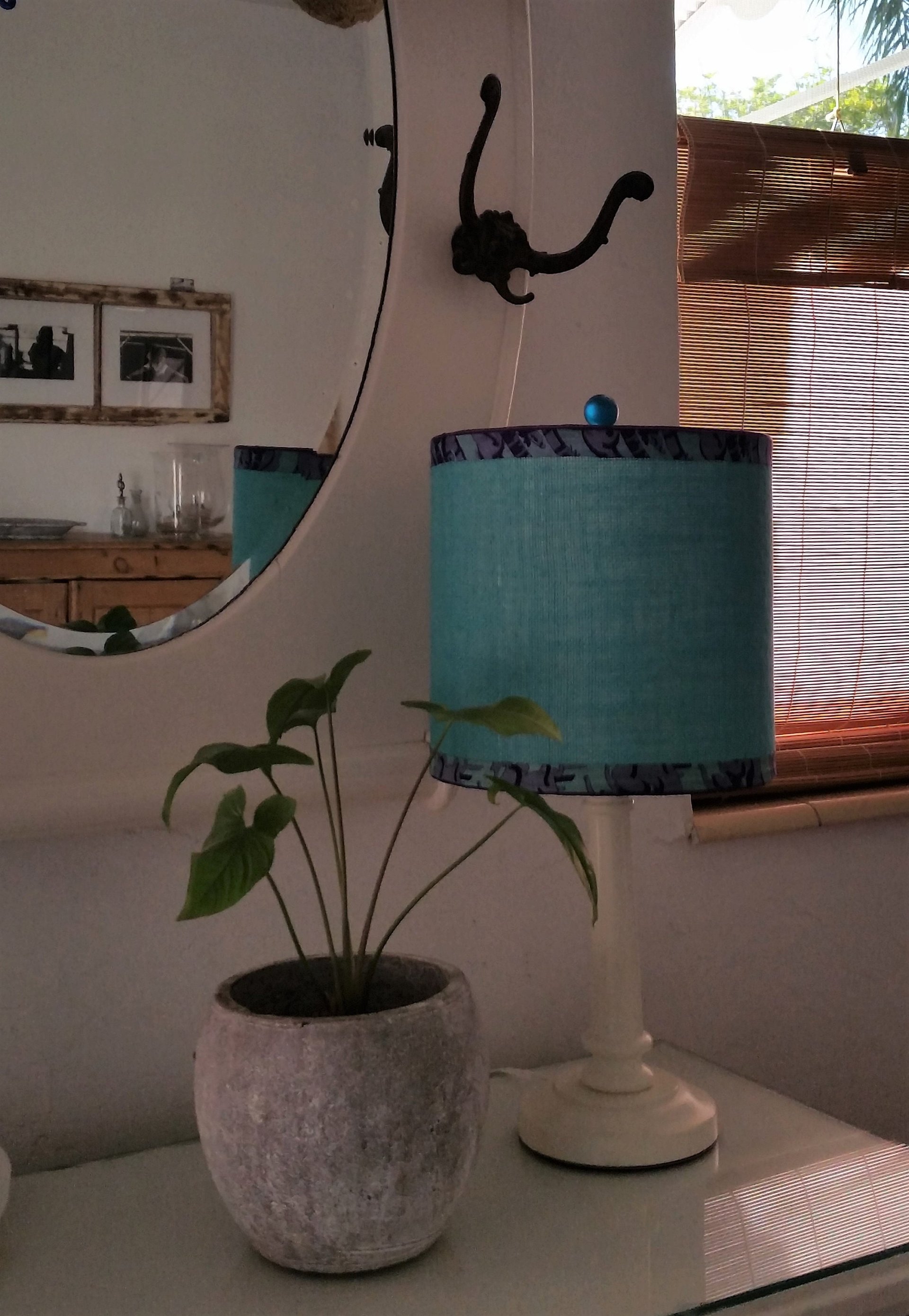 Turquoise Burlap Lampshade, Purple Trim Lamp Shade