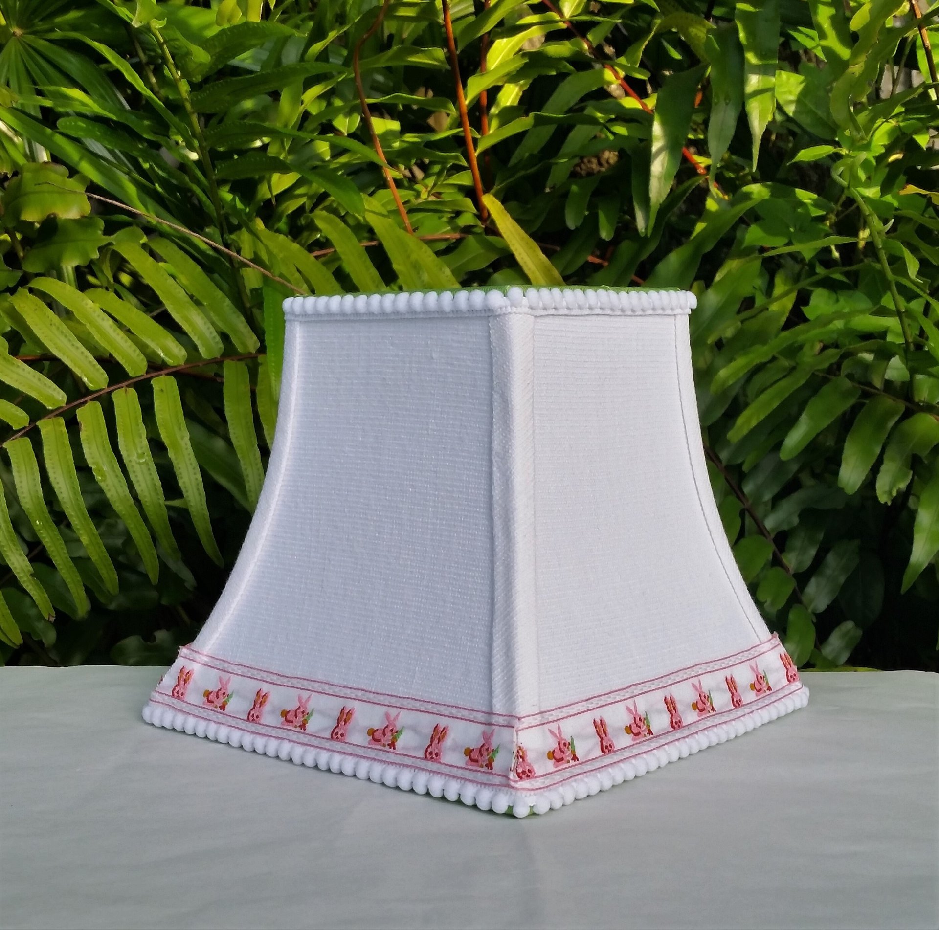 White Linen Baby Lampshade, Pink Bunny Trim Lamp Shade