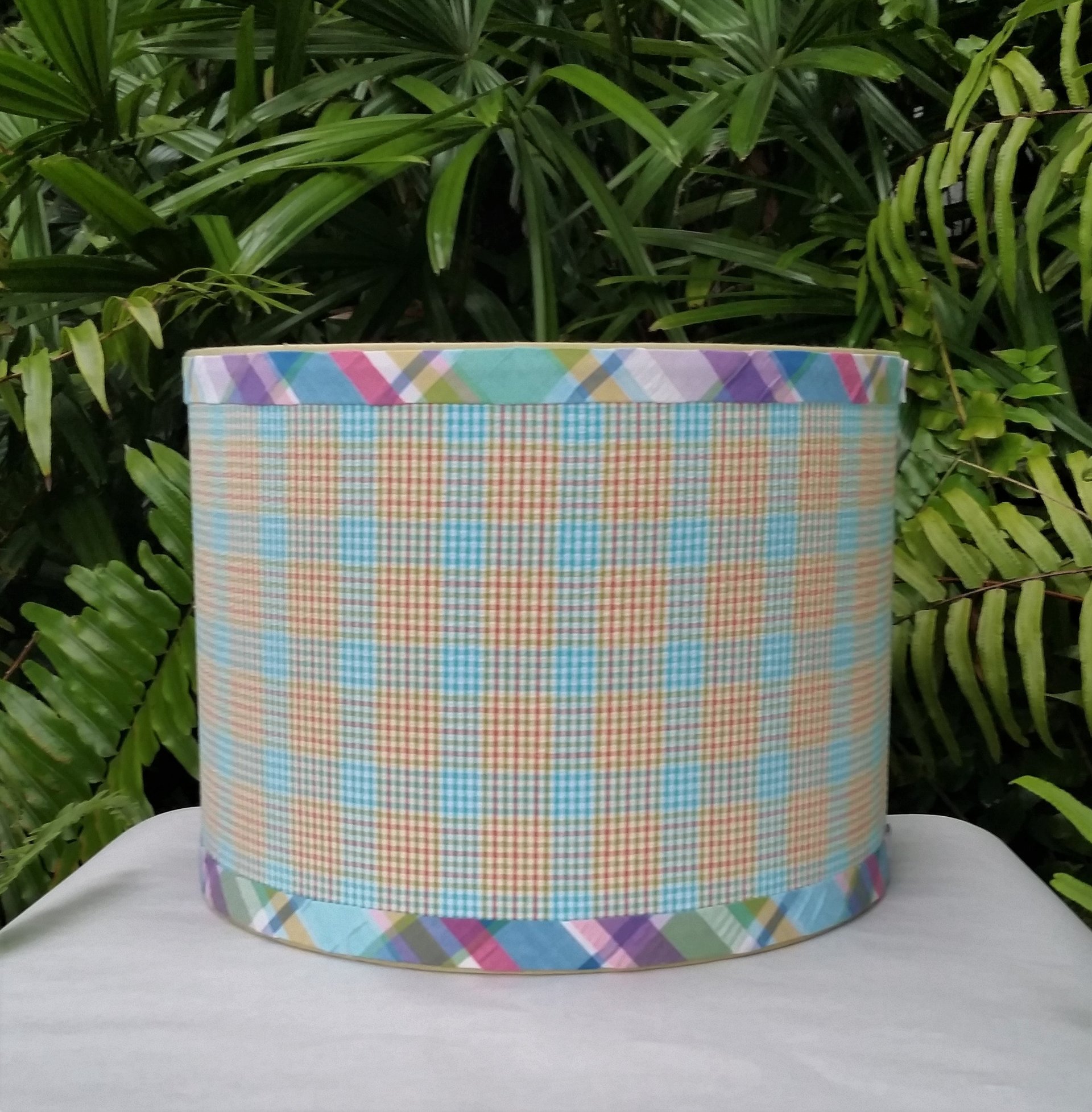 Orange Turquoise Lamp Shade, Gingham Check Plaid Seersucker Drum Lampshade
