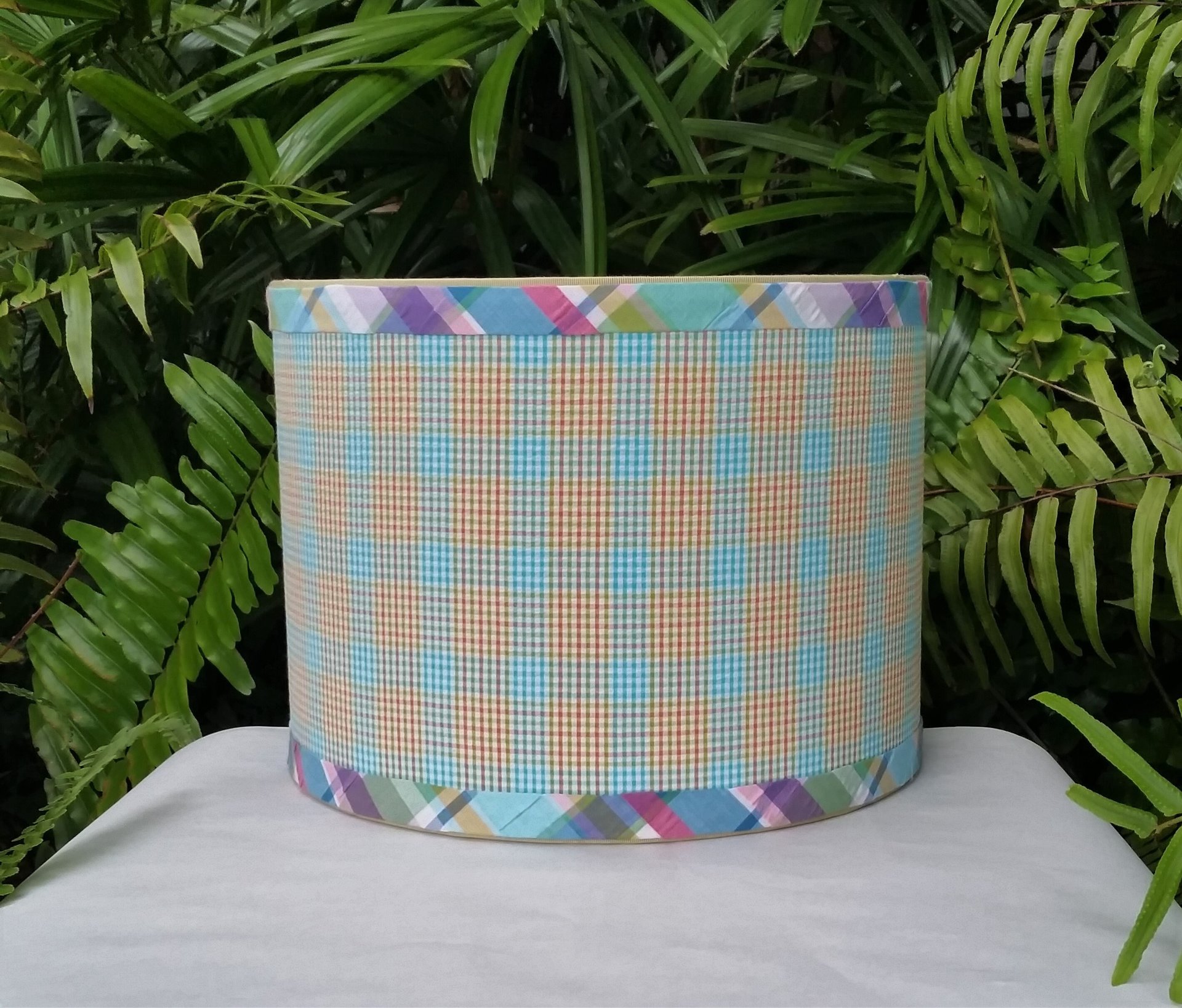 Orange Turquoise Lamp Shade, Gingham Check Plaid Seersucker Drum Lampshade