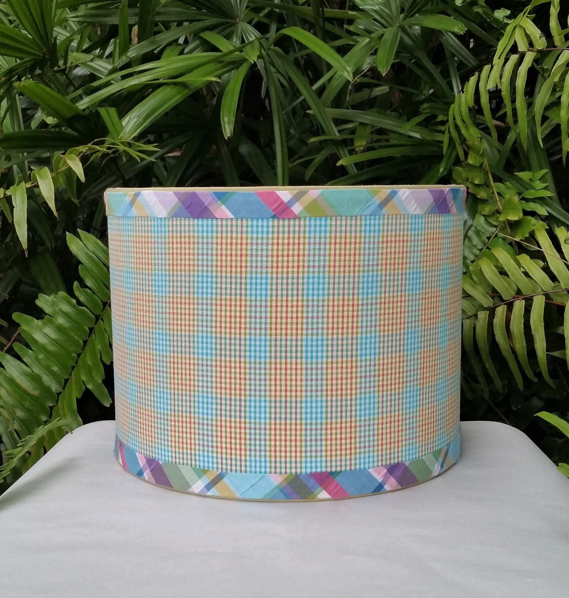 Orange Turquoise Lamp Shade, Gingham Check Plaid Seersucker Drum Lampshade