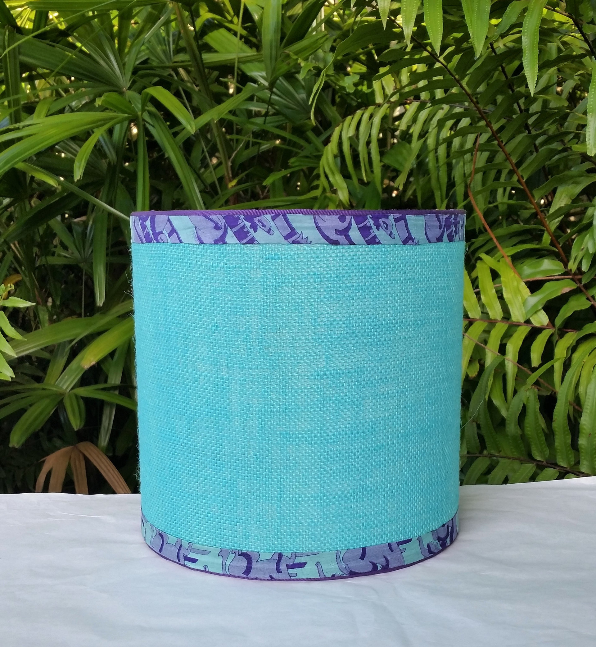 Turquoise Burlap Lampshade, Purple Trim Lamp Shade