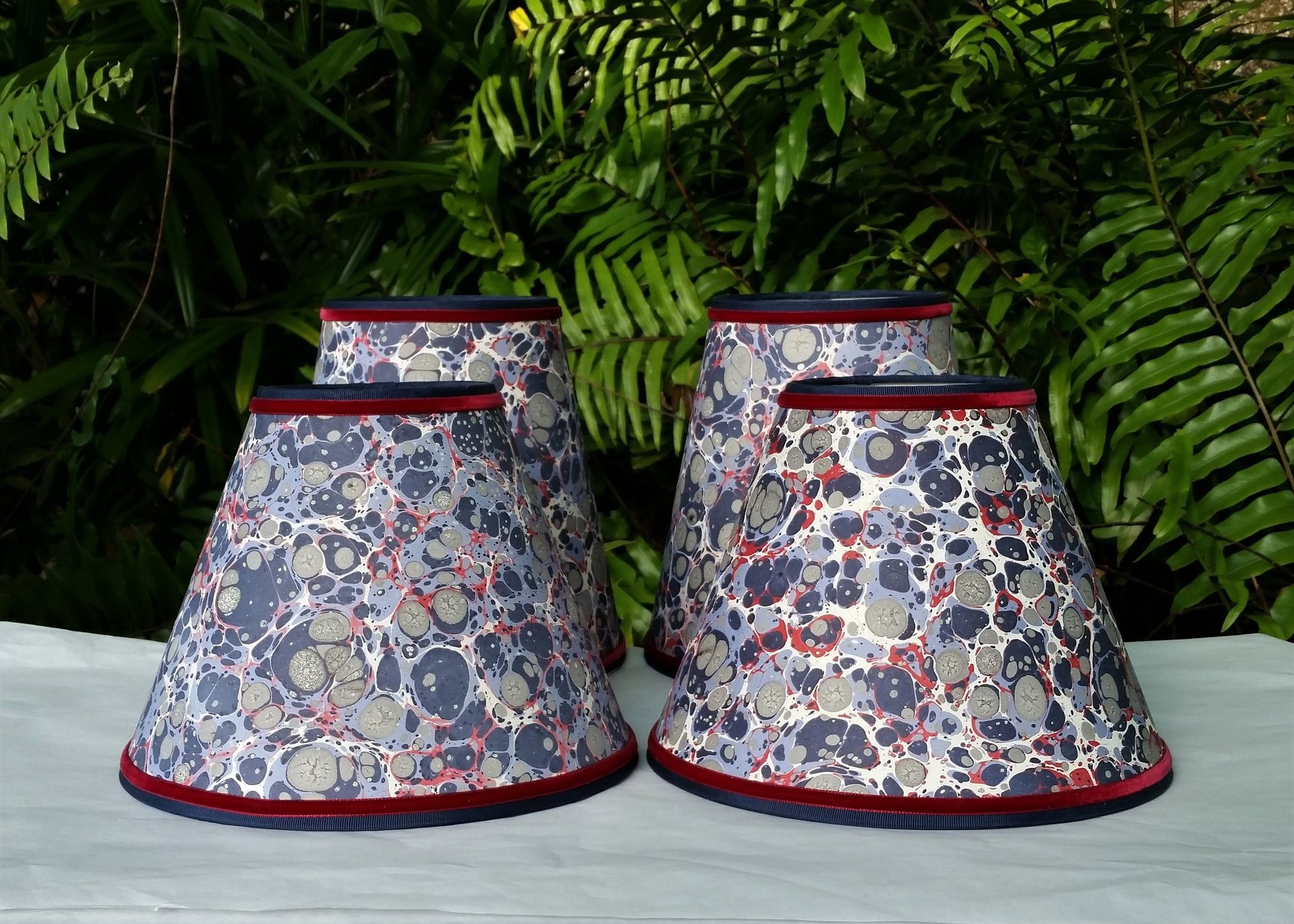 Pair Marbled Paper Lampshades Red White Blue Gray