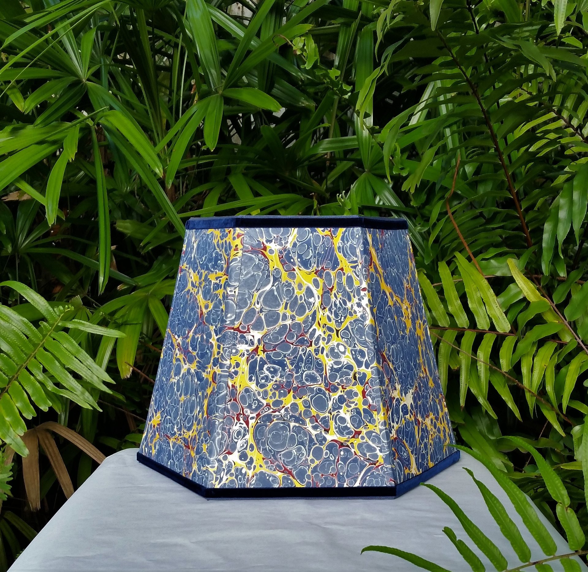 Large Marbled Paper Lampshade Blue Yellow Red Hexagon