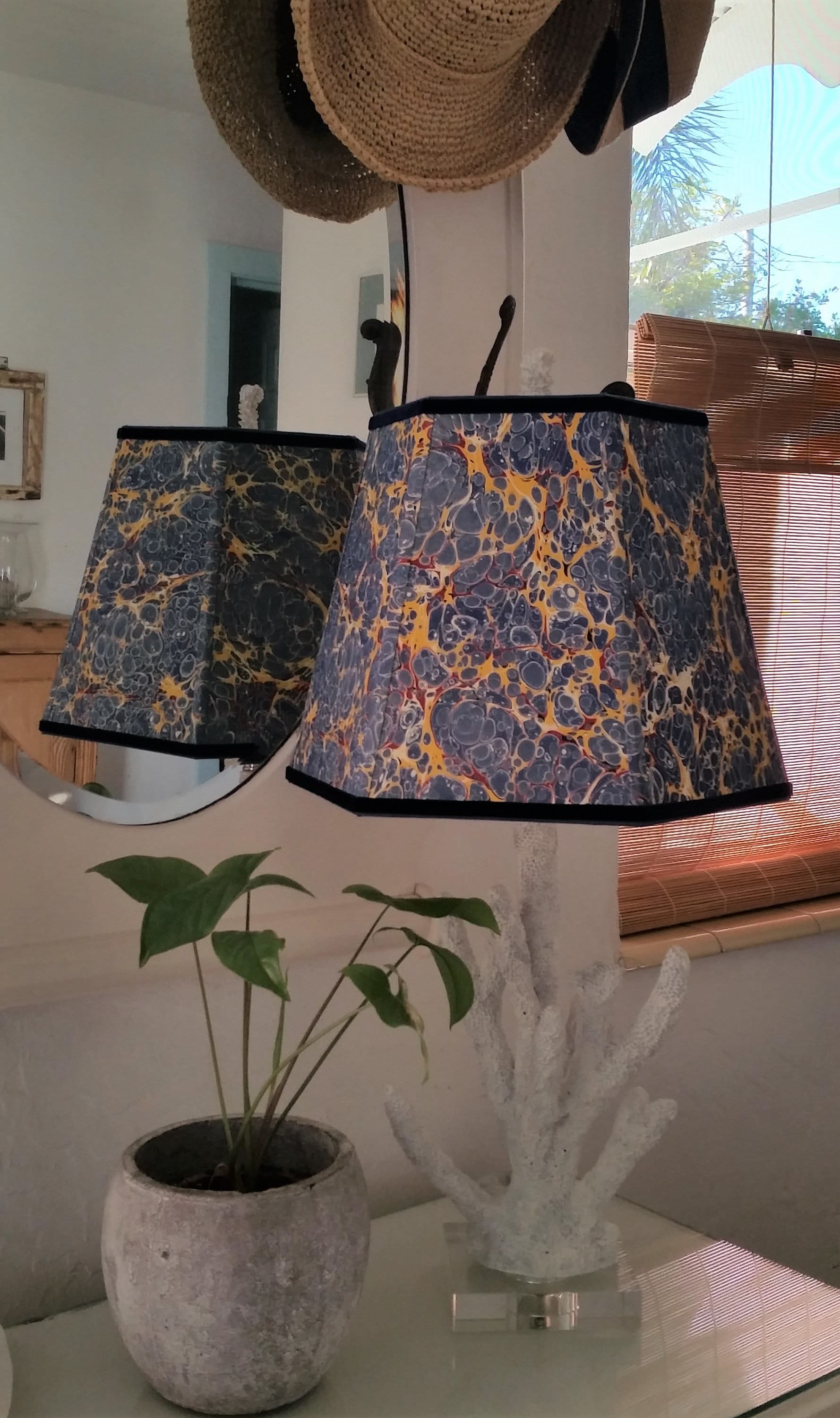 Large Marbled Paper Lampshade Blue Yellow Red Hexagon