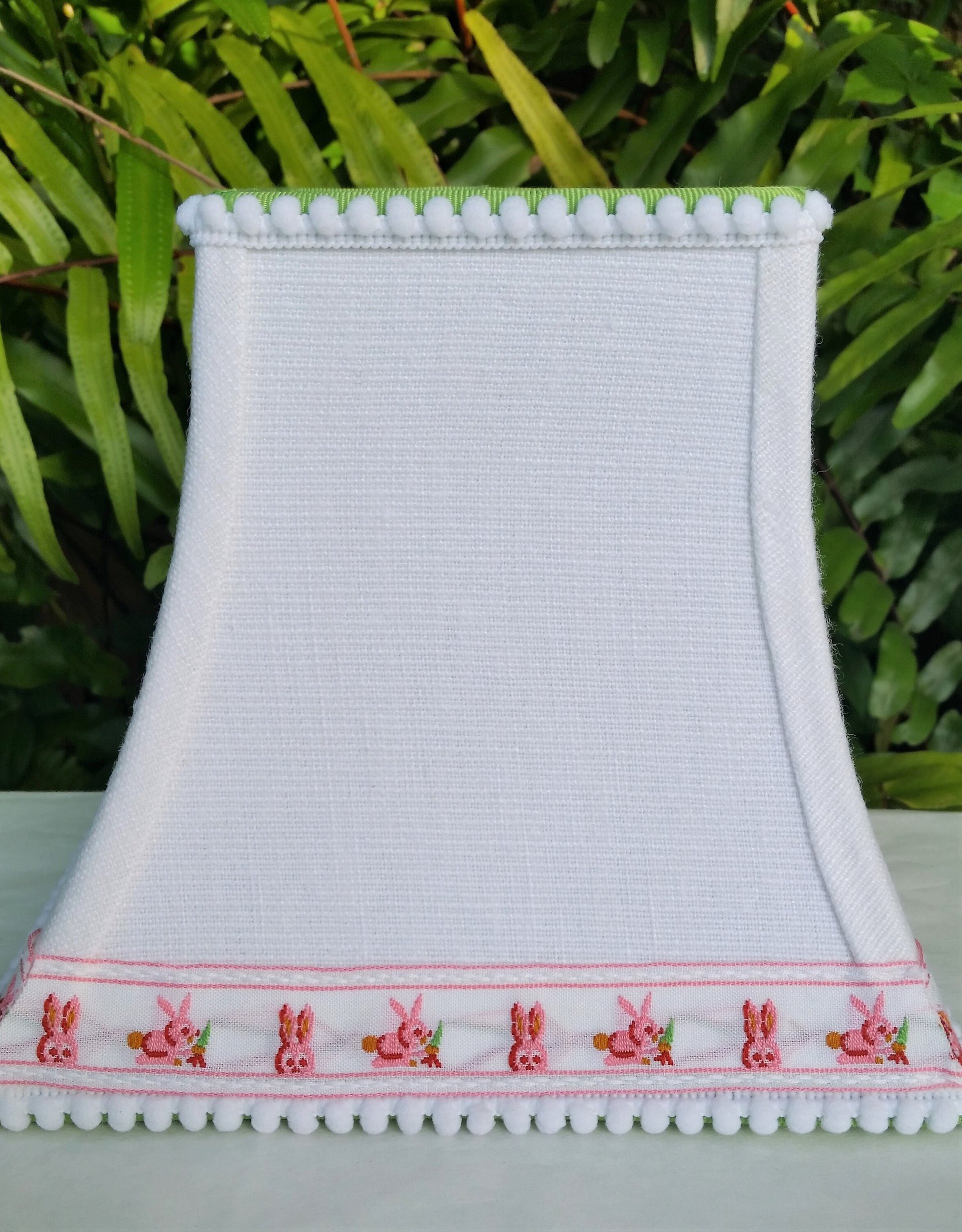 White Linen Baby Lampshade, Pink Bunny Trim Lamp Shade