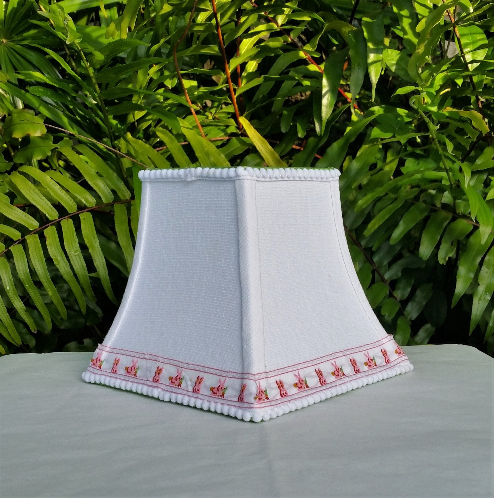 White Linen Baby Lampshade, Pink Bunny Trim Lamp Shade