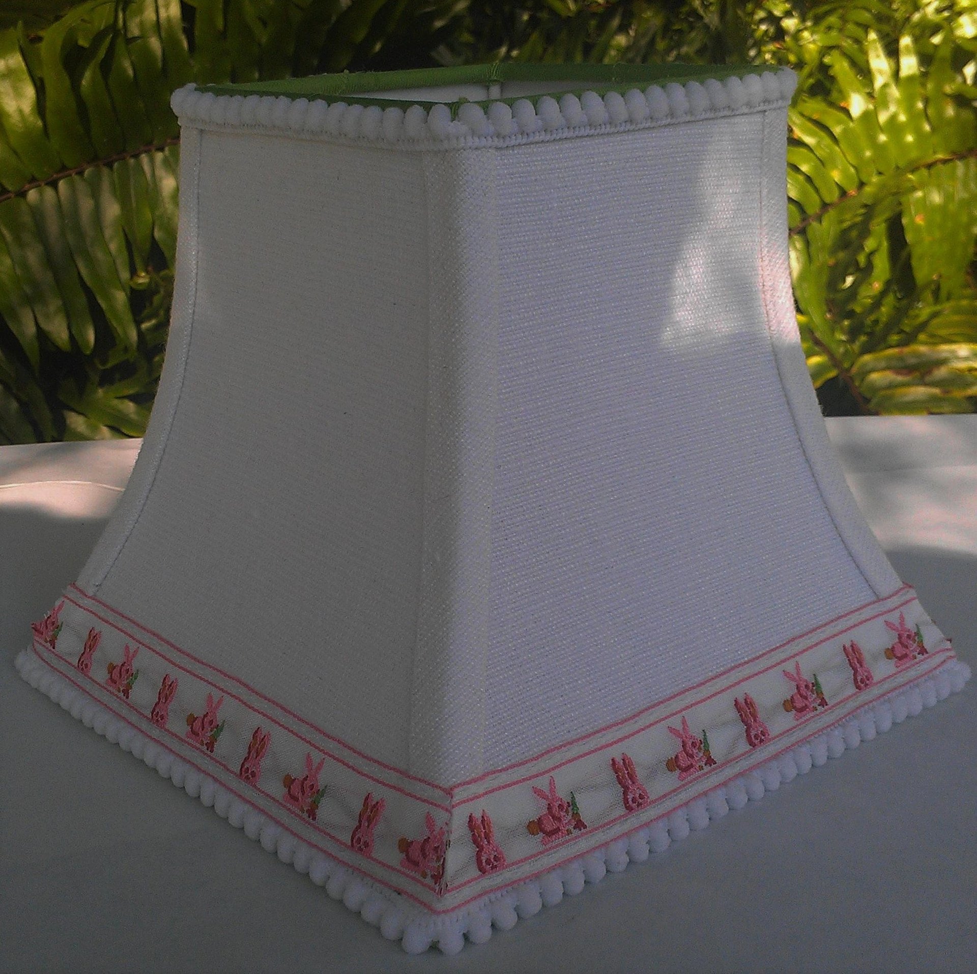 White Linen Baby Lampshade, Pink Bunny Trim Lamp Shade