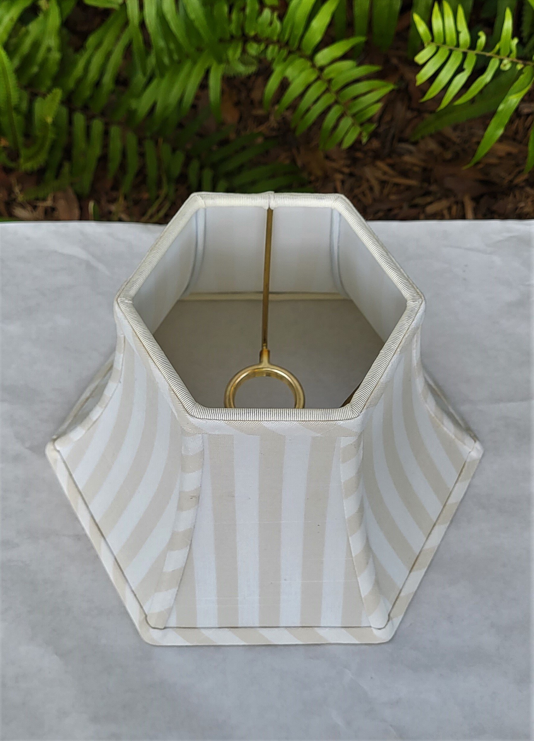 Beige White Stripe Linen Swing Arm Lampshade, Hexagon Bell Lamp Shade