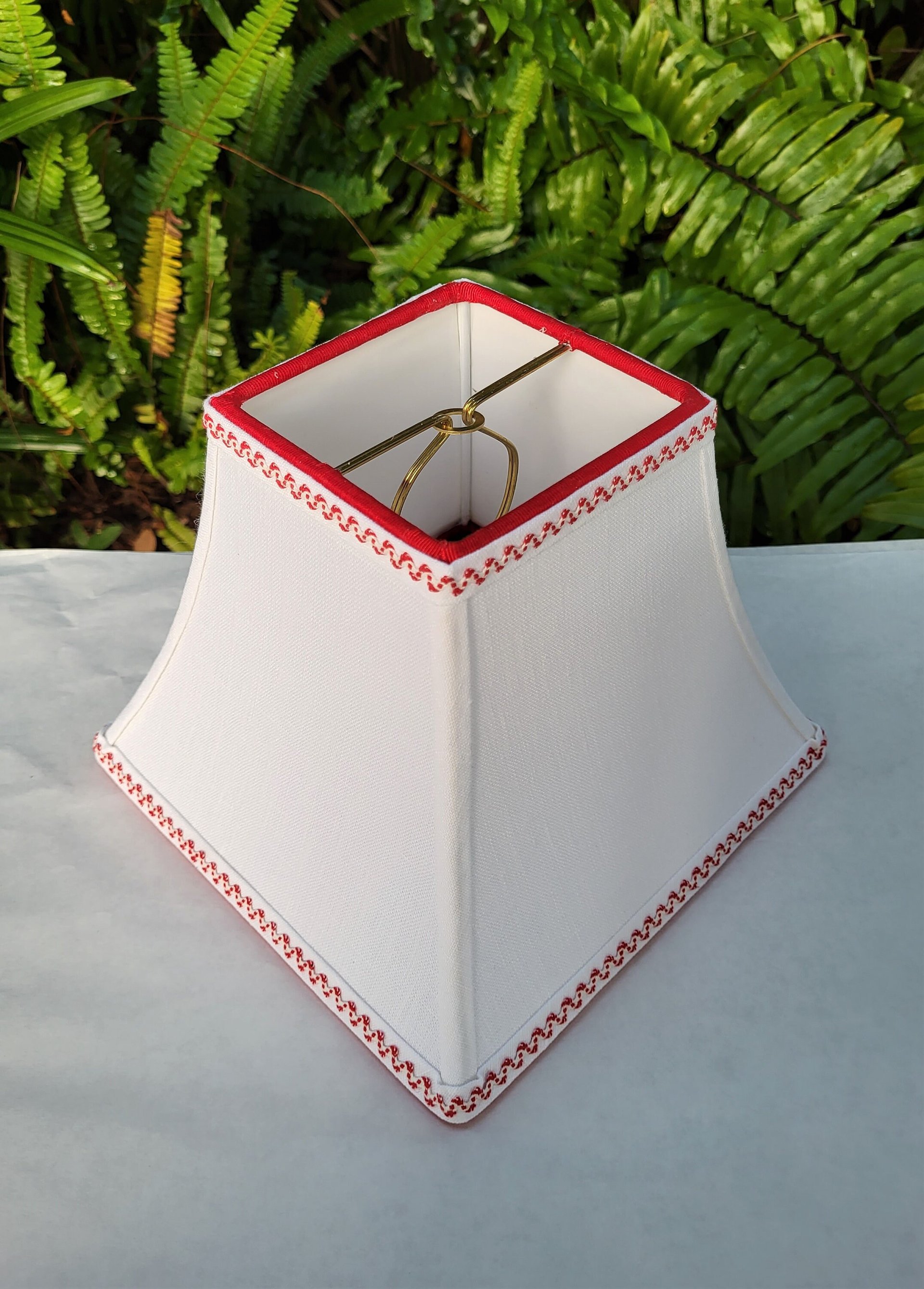 Small White Linen Lamp Shade Blue or Red Trim Clip On Lampshade