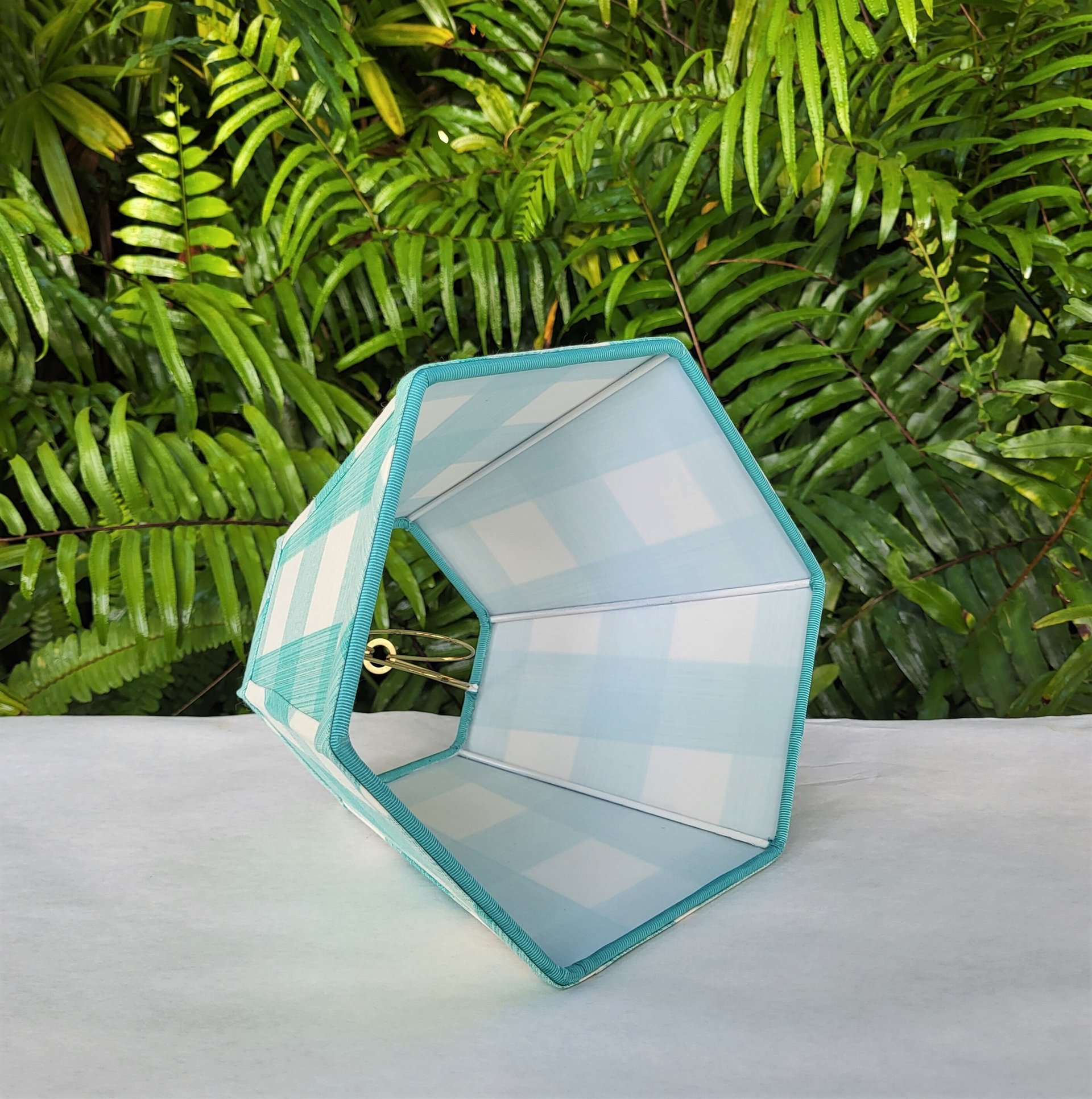 Aqua Ivory Check Lampshade, Clip On Hexagon Lamp Shade