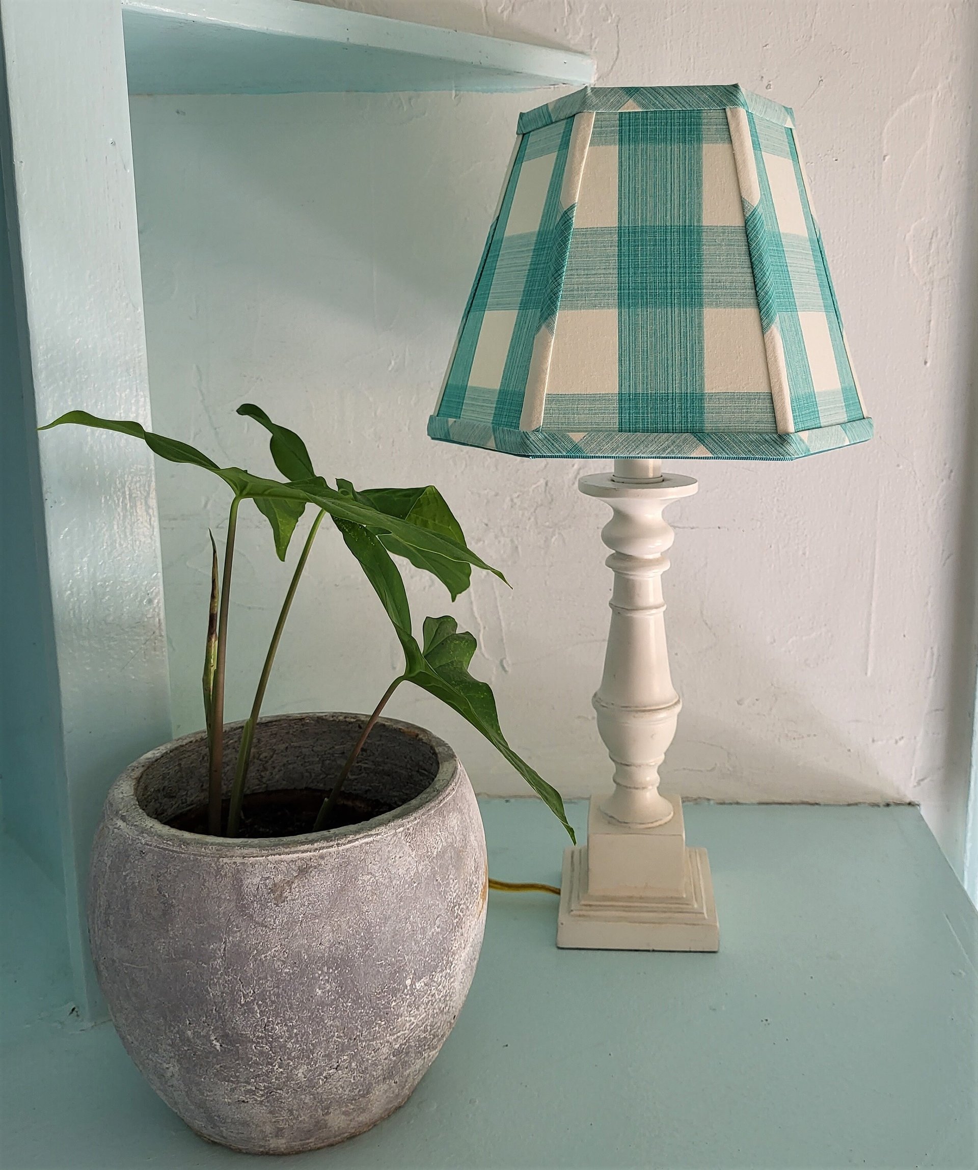 Aqua Ivory Check Lampshade, Clip On Hexagon Lamp Shade