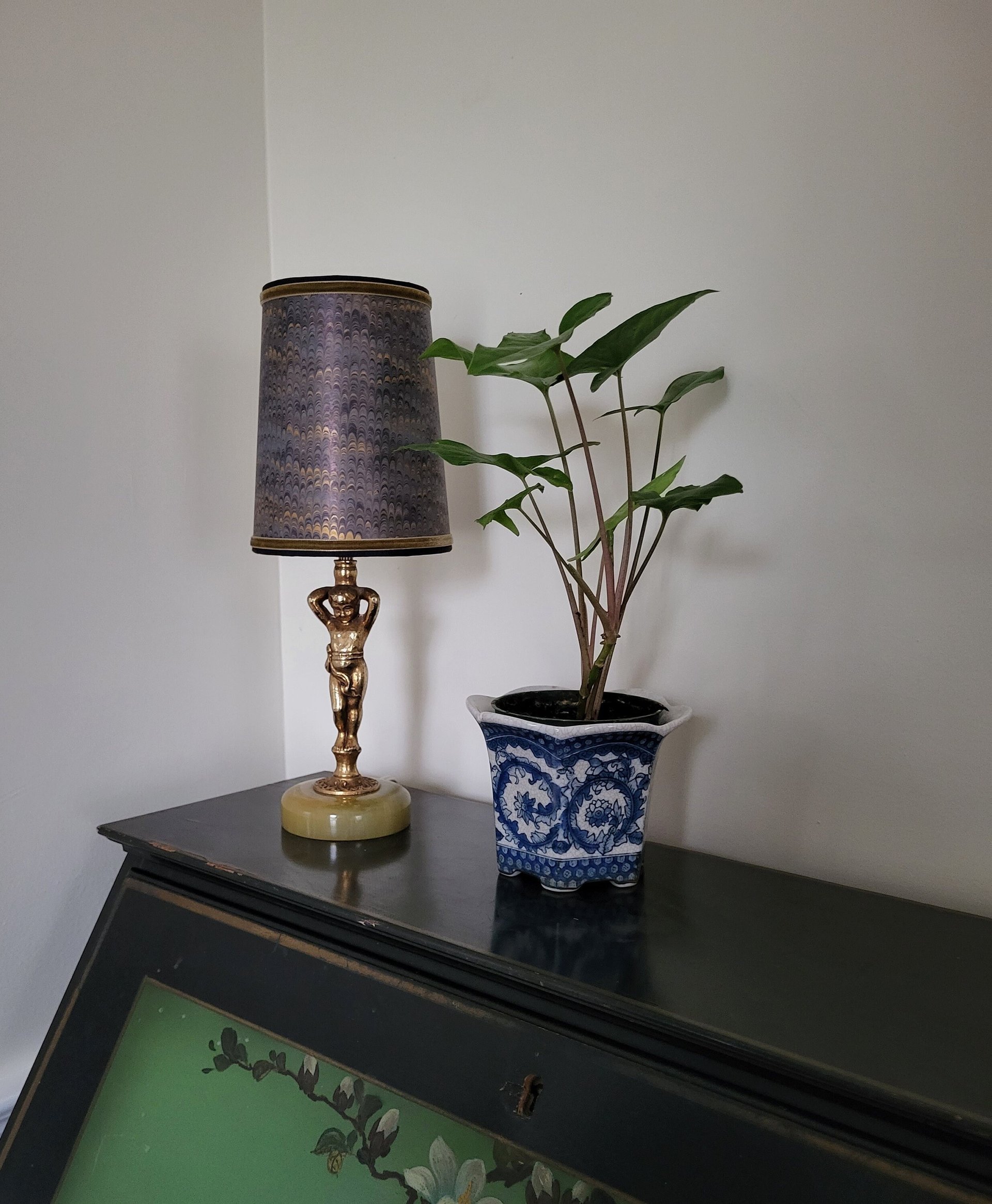 Pair Navy Gold Marbled Paper Lampshades