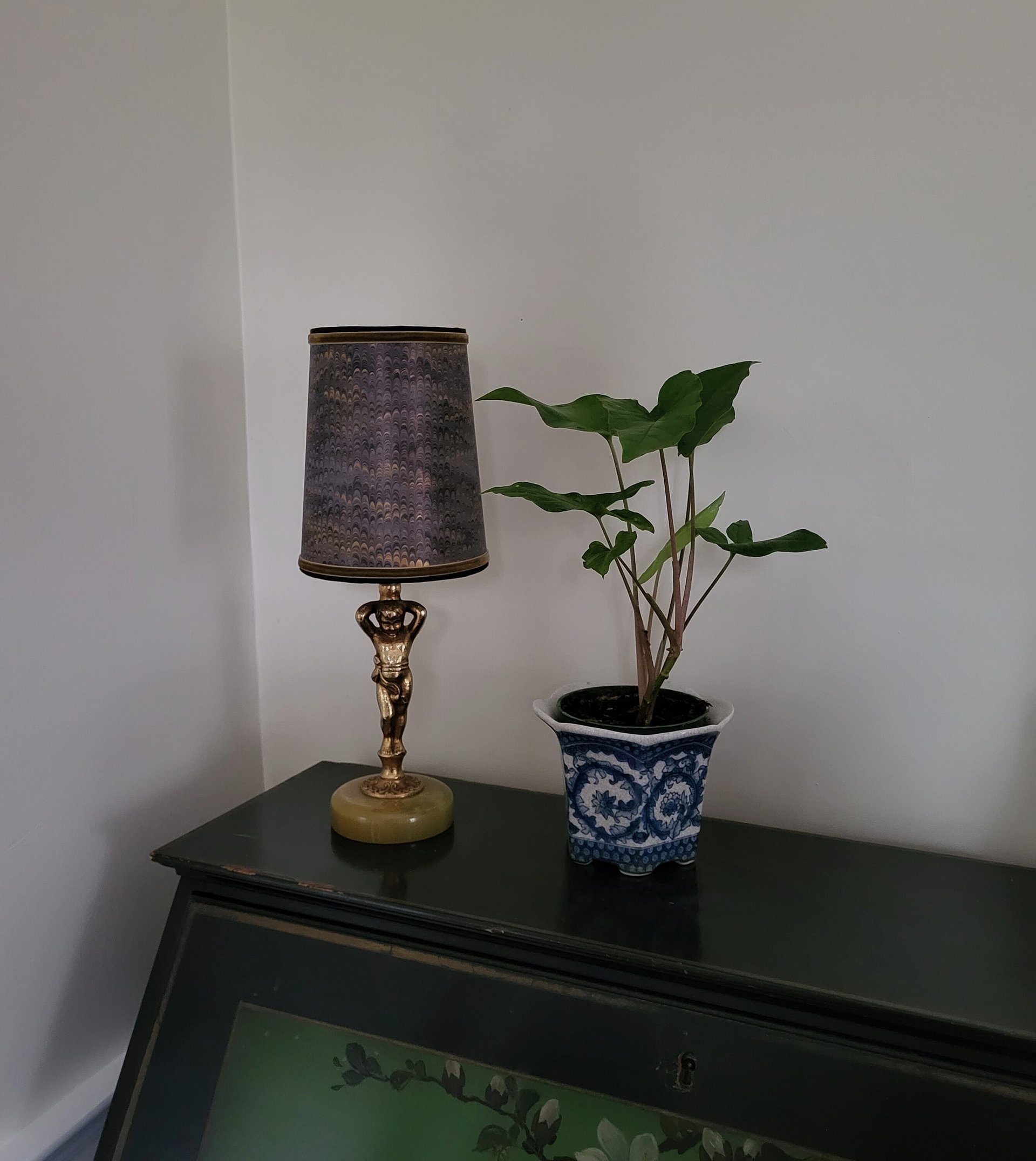 Pair Navy Gold Marbled Paper Lampshades