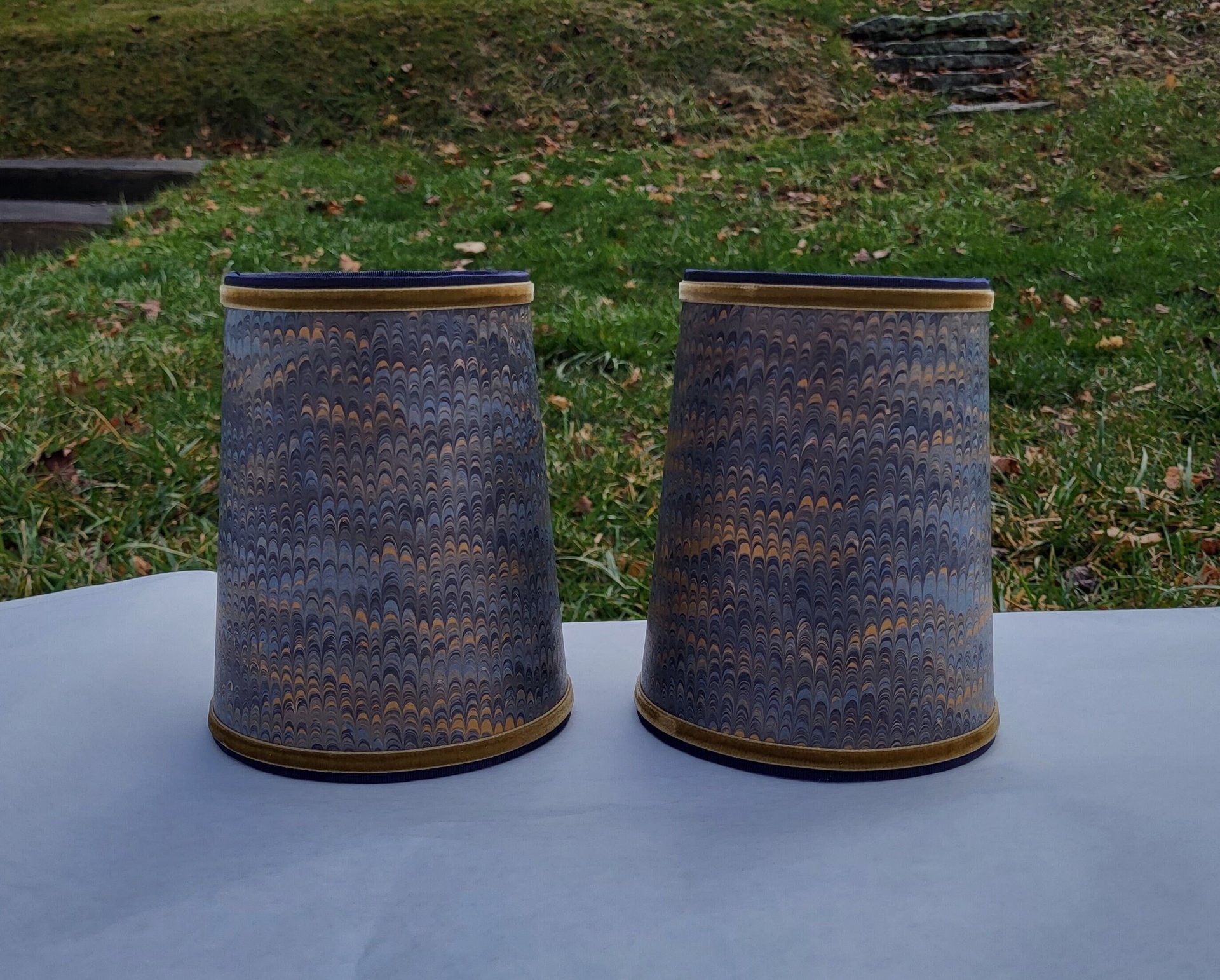 Pair Navy Gold Marbled Paper Lampshades