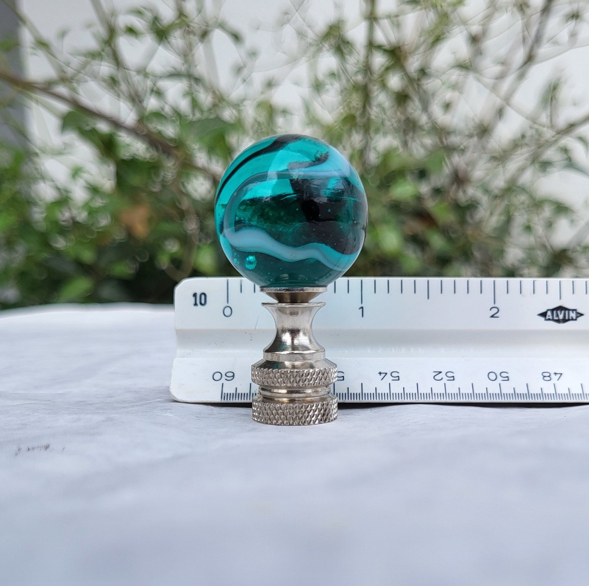 Aqua Lamp Finial, One Inch, White Gray Swirls