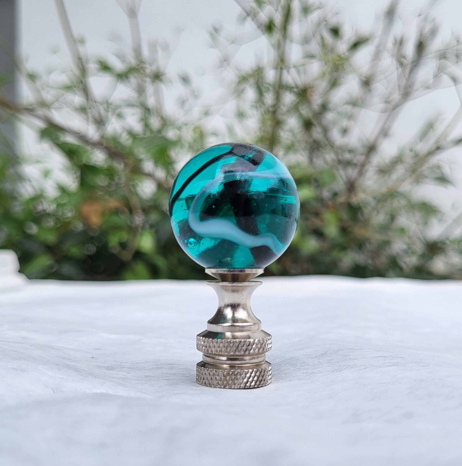 Aqua Lamp Finial, One Inch, White Gray Swirls