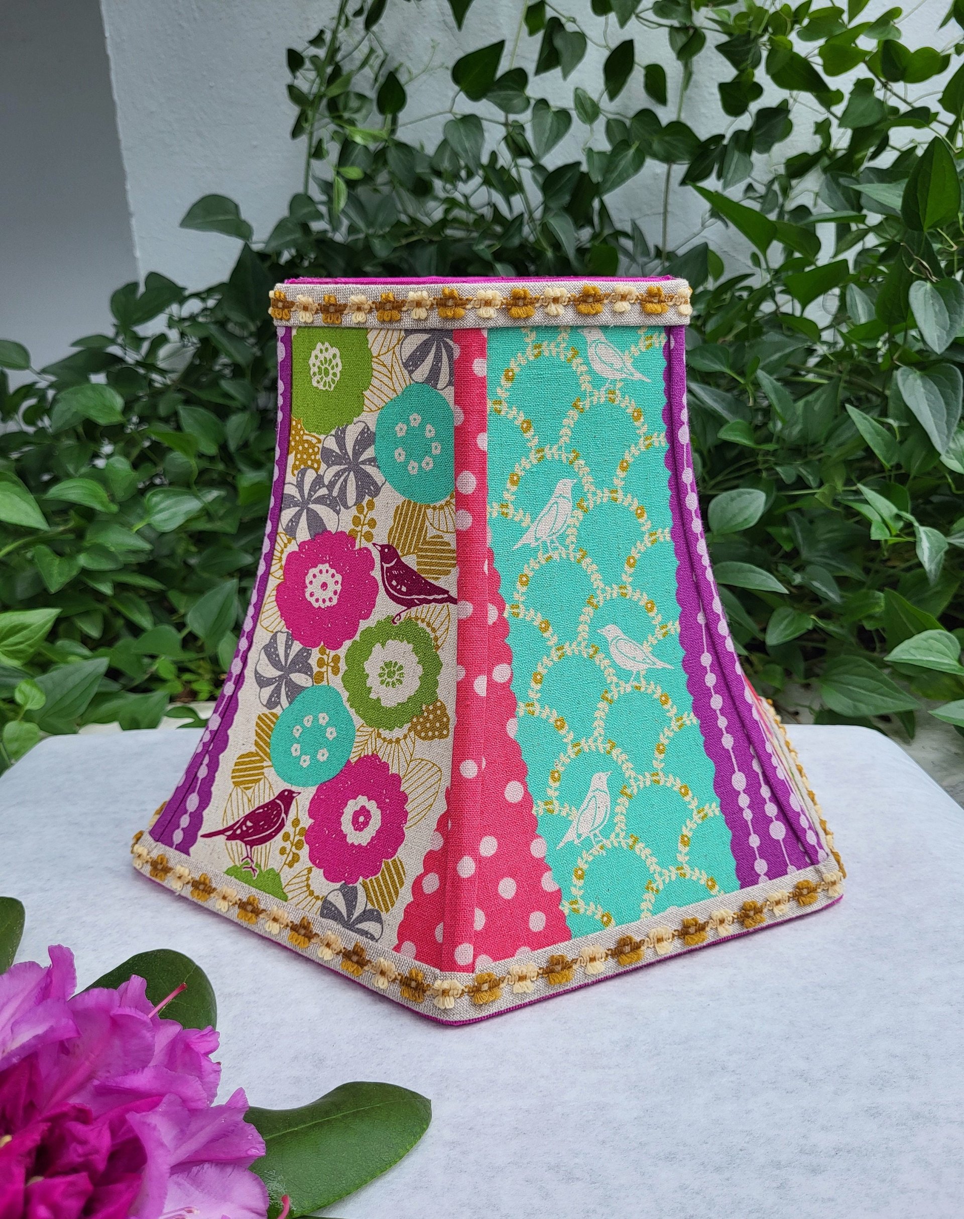 Floral Bird Lampshade Pink Aqua Mustard Table Lamp Bell