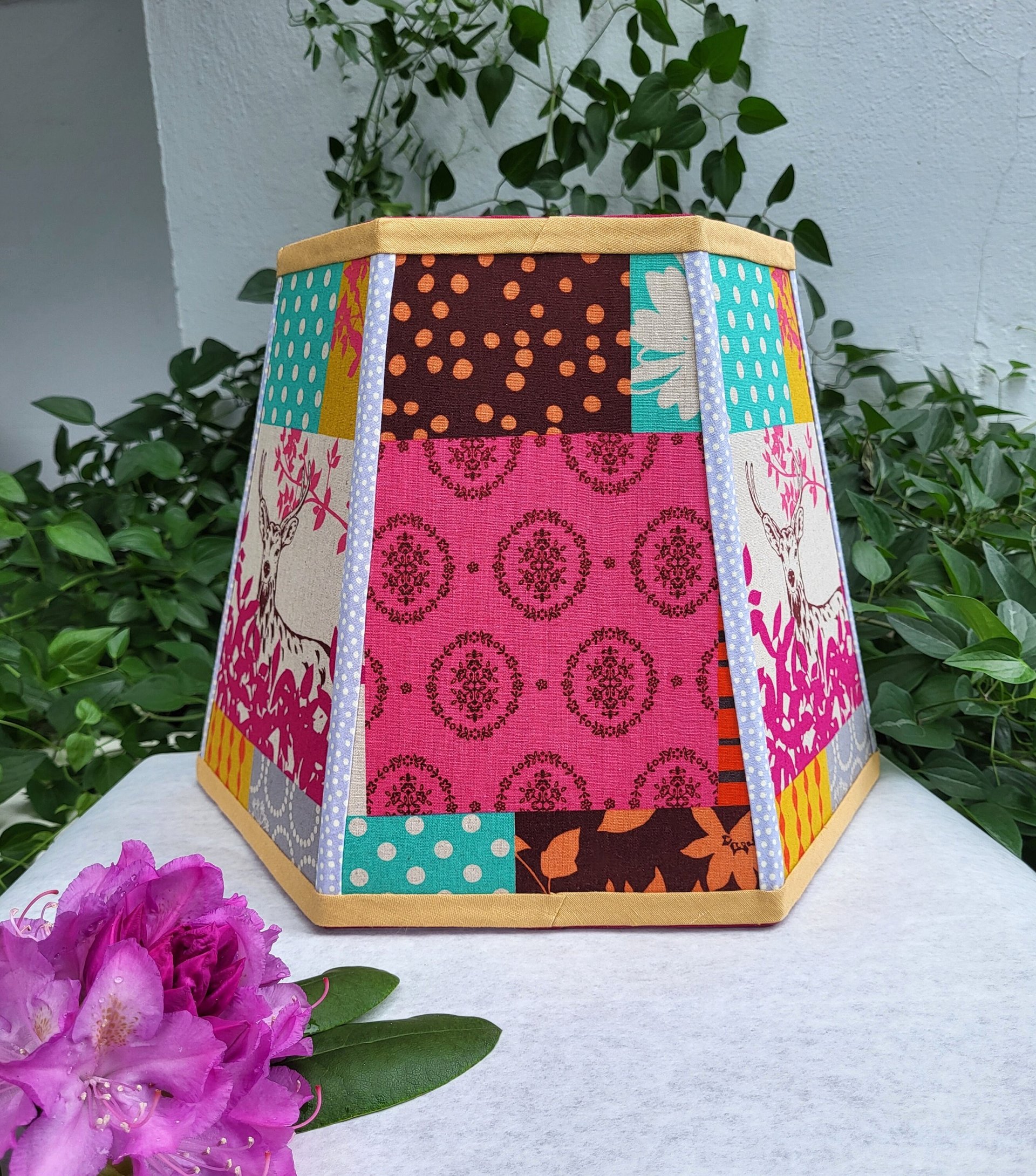 Large Floral Deer Lampshade Pink Aqua Mustard Table Lamp