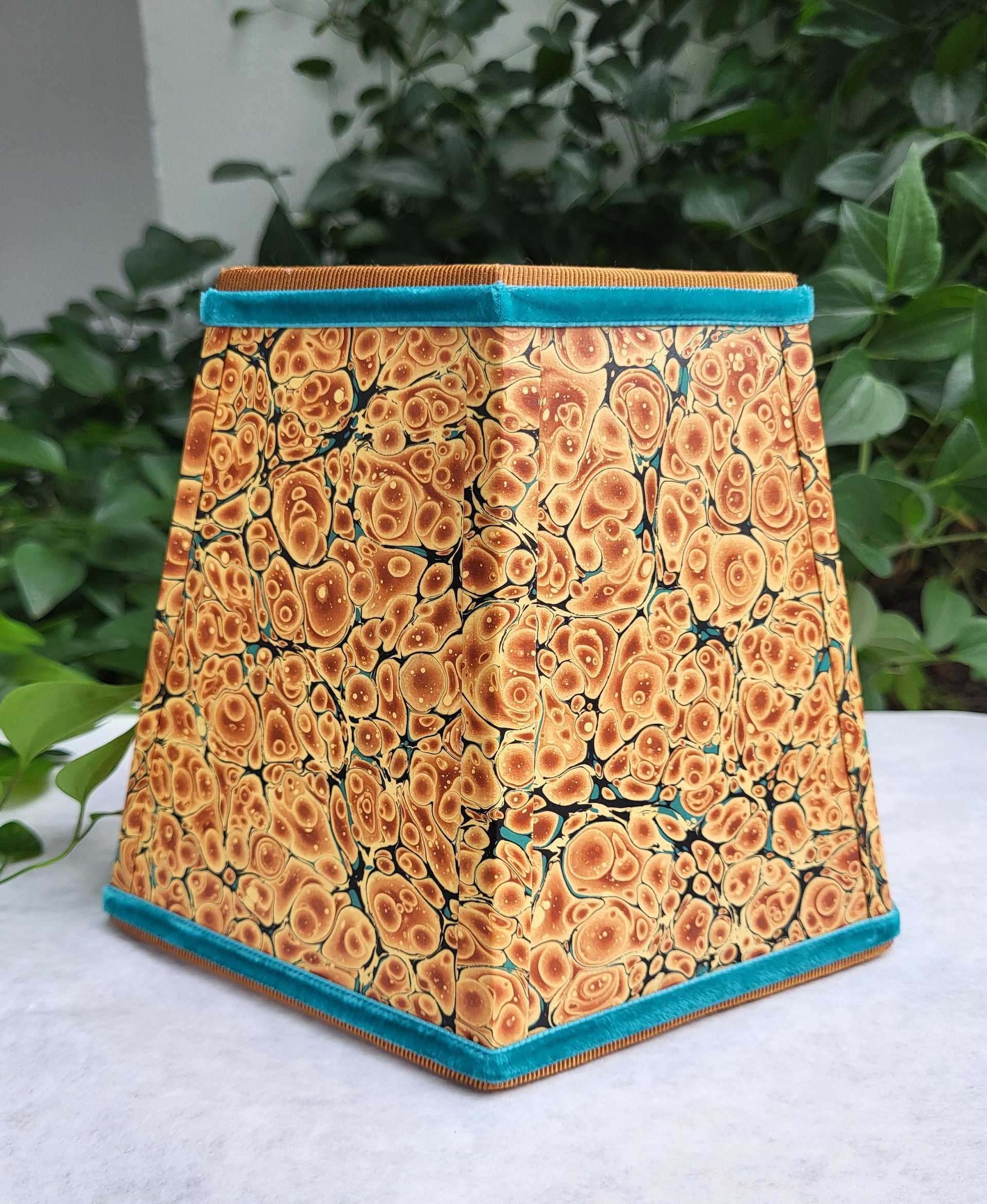 Small Marbled Paper Lampshade Hexagon Orange Turqoise