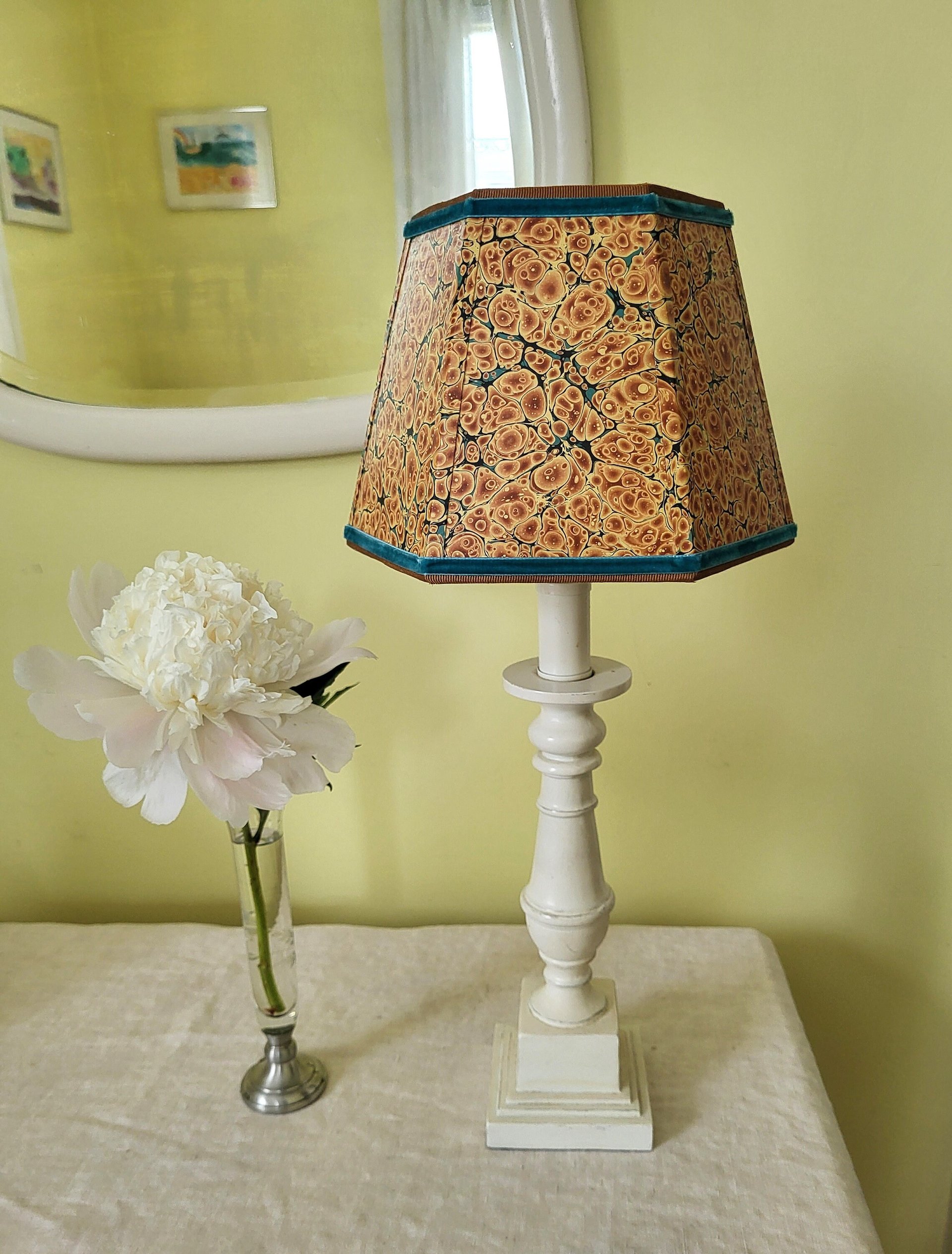 Small Marbled Paper Lampshade Hexagon Orange Turqoise