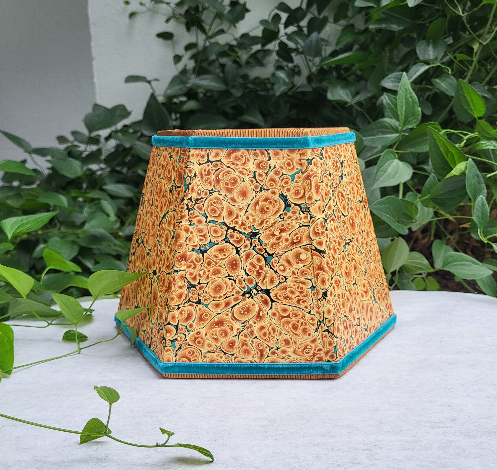 Small Marbled Paper Lampshade Hexagon Orange Turqoise