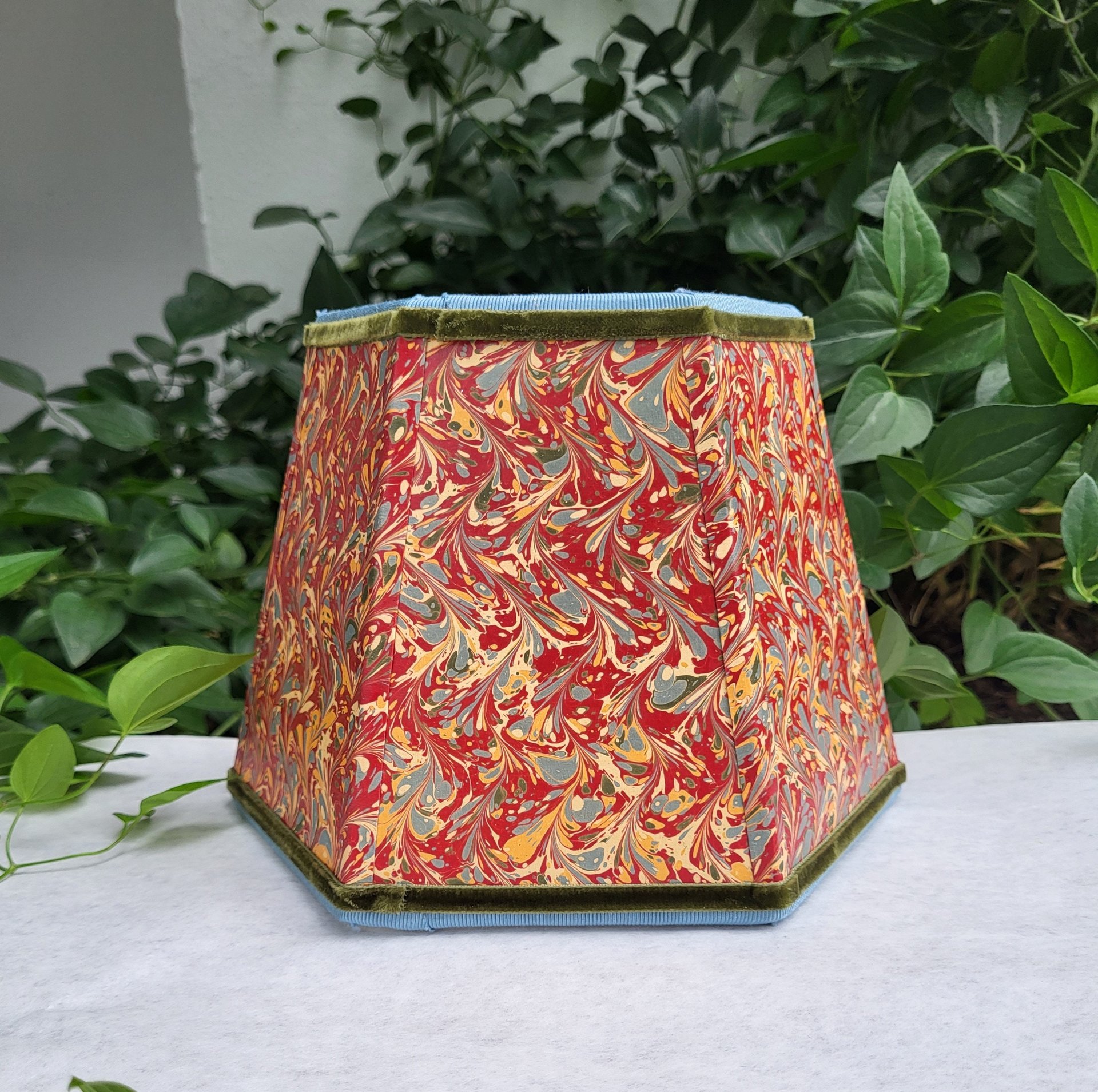 Small Marbled Paper Lampshade Hexagon Red Blue