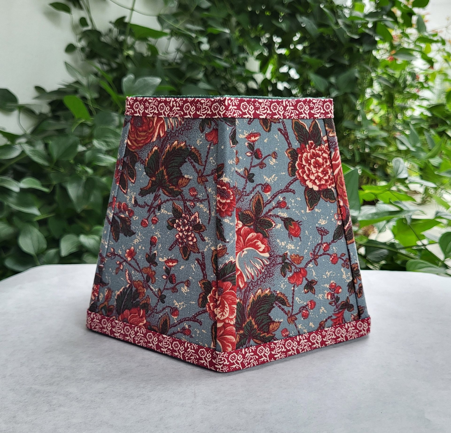 Small Floral Lampshade, Antique Blue Red Green Clip On Hex Bell