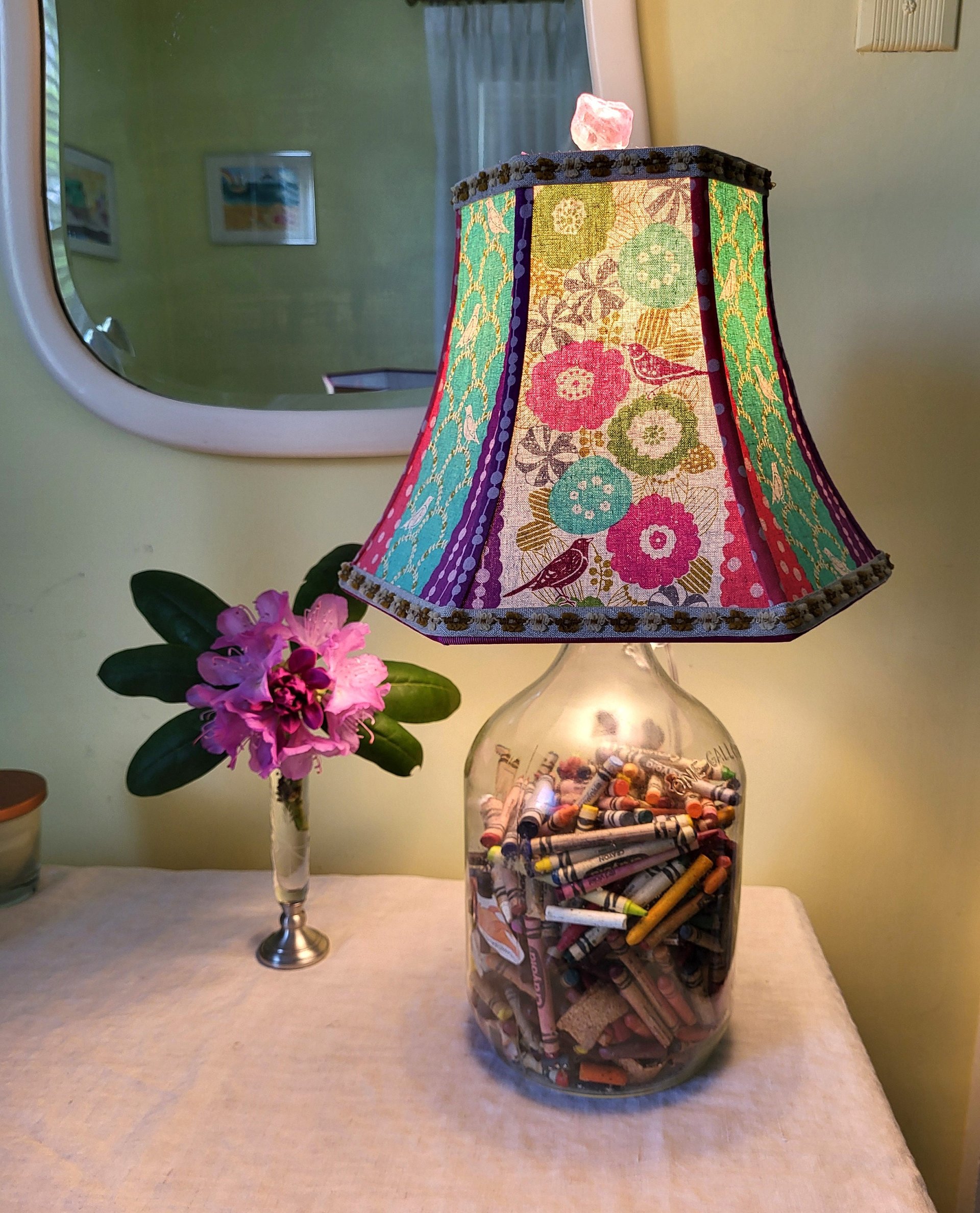 Floral Bird Lampshade Pink Aqua Mustard Table Lamp Bell