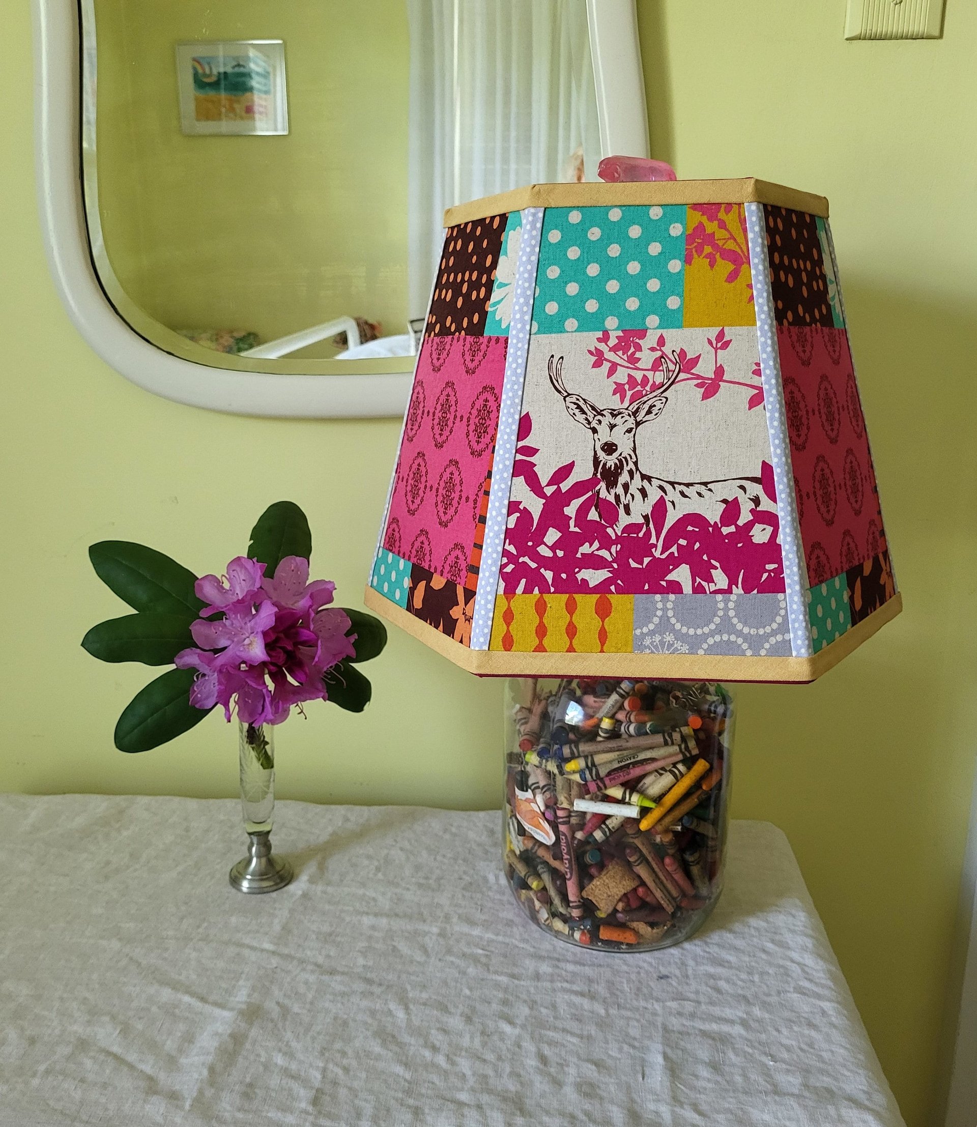 Large Floral Deer Lampshade Pink Aqua Mustard Table Lamp