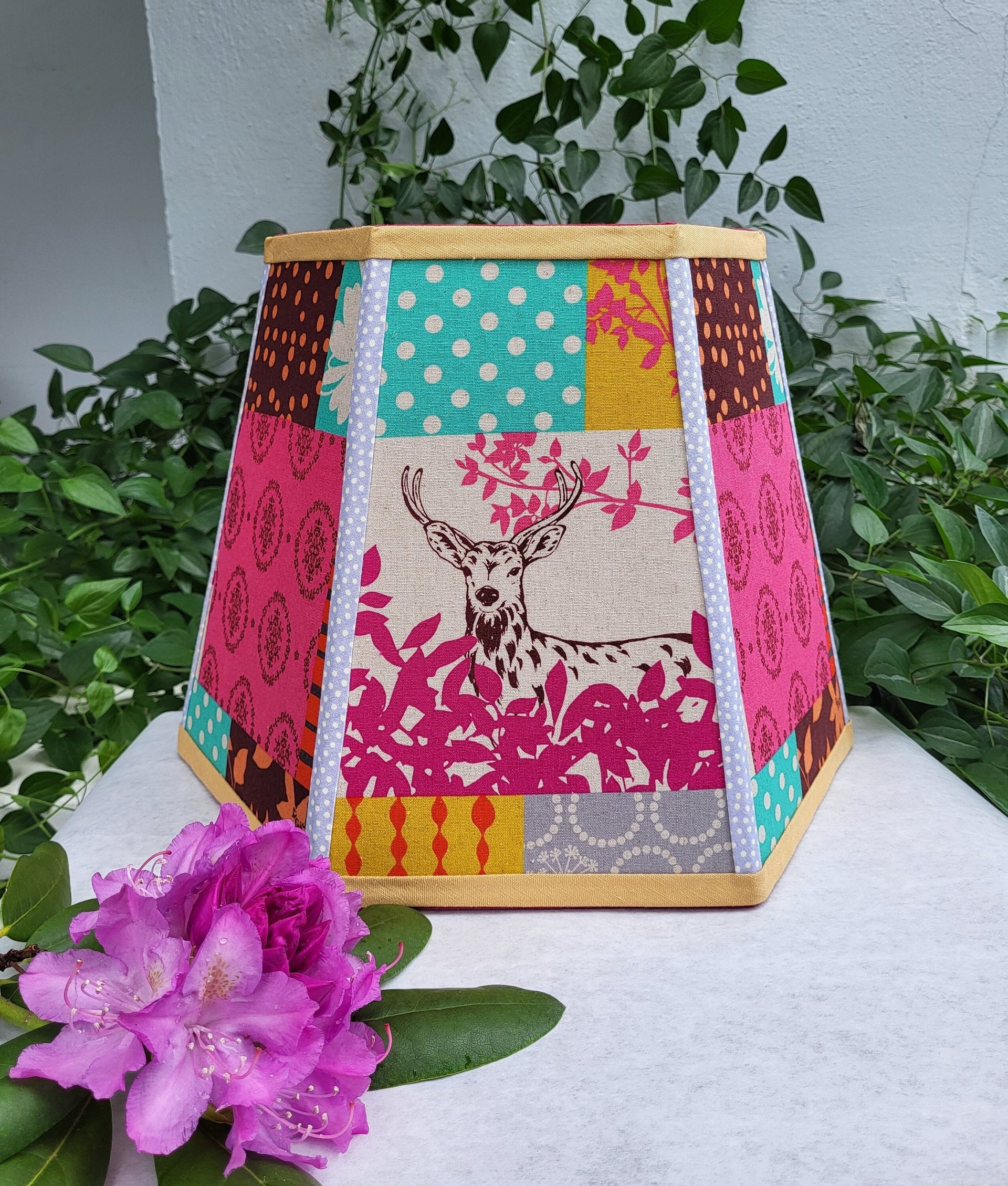 Large Floral Deer Lampshade Pink Aqua Mustard Table Lamp