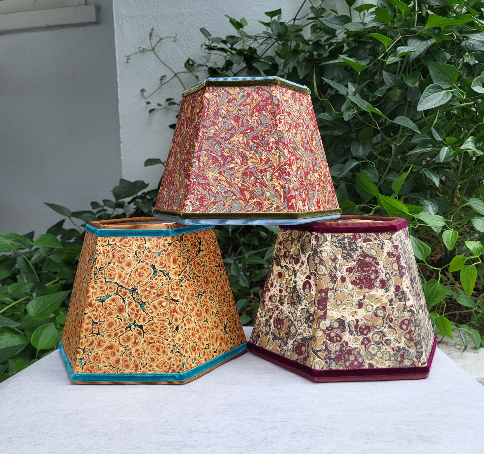 Small Marbled Paper Lampshade Hexagon Orange Turqoise