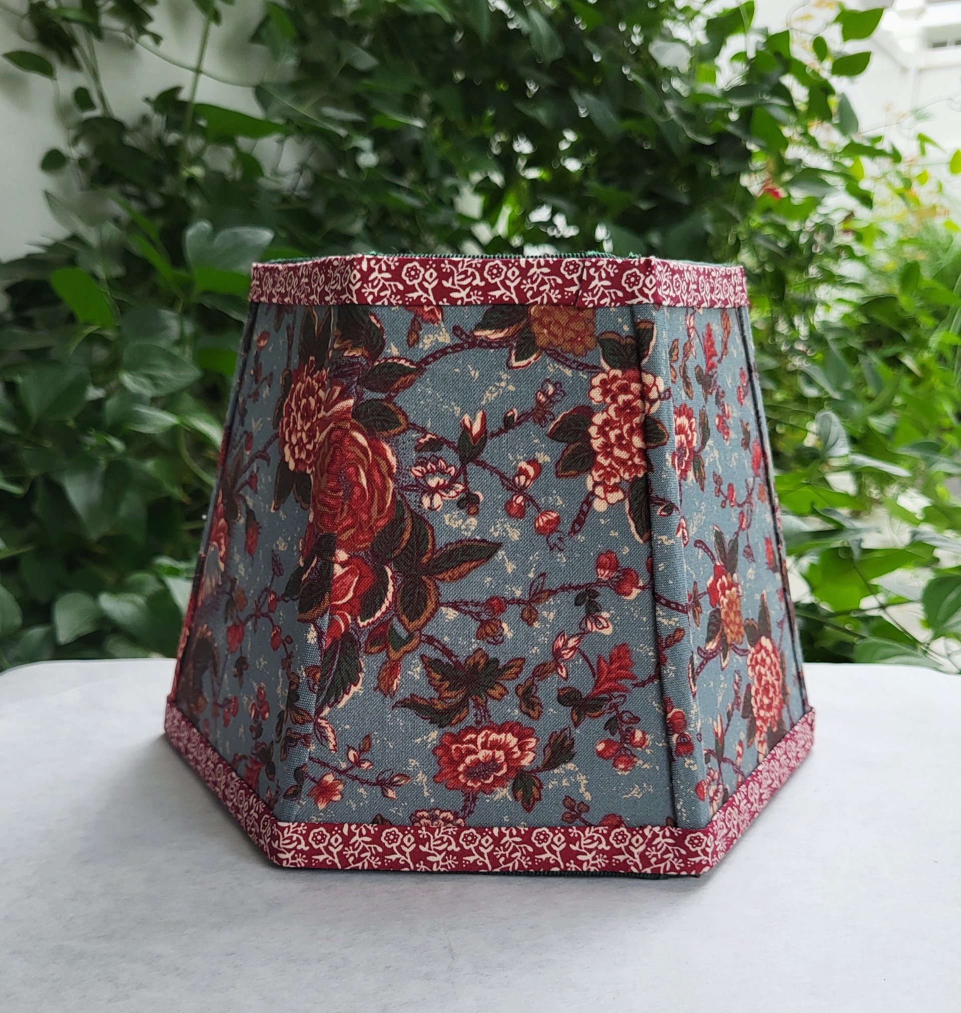 Small Floral Lampshade, Antique Blue Red Green Clip On Hex Bell