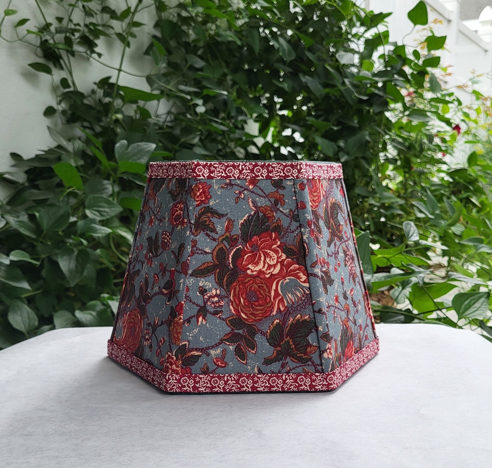 Small Floral Lampshade, Antique Blue Red Green Clip On Hex Bell