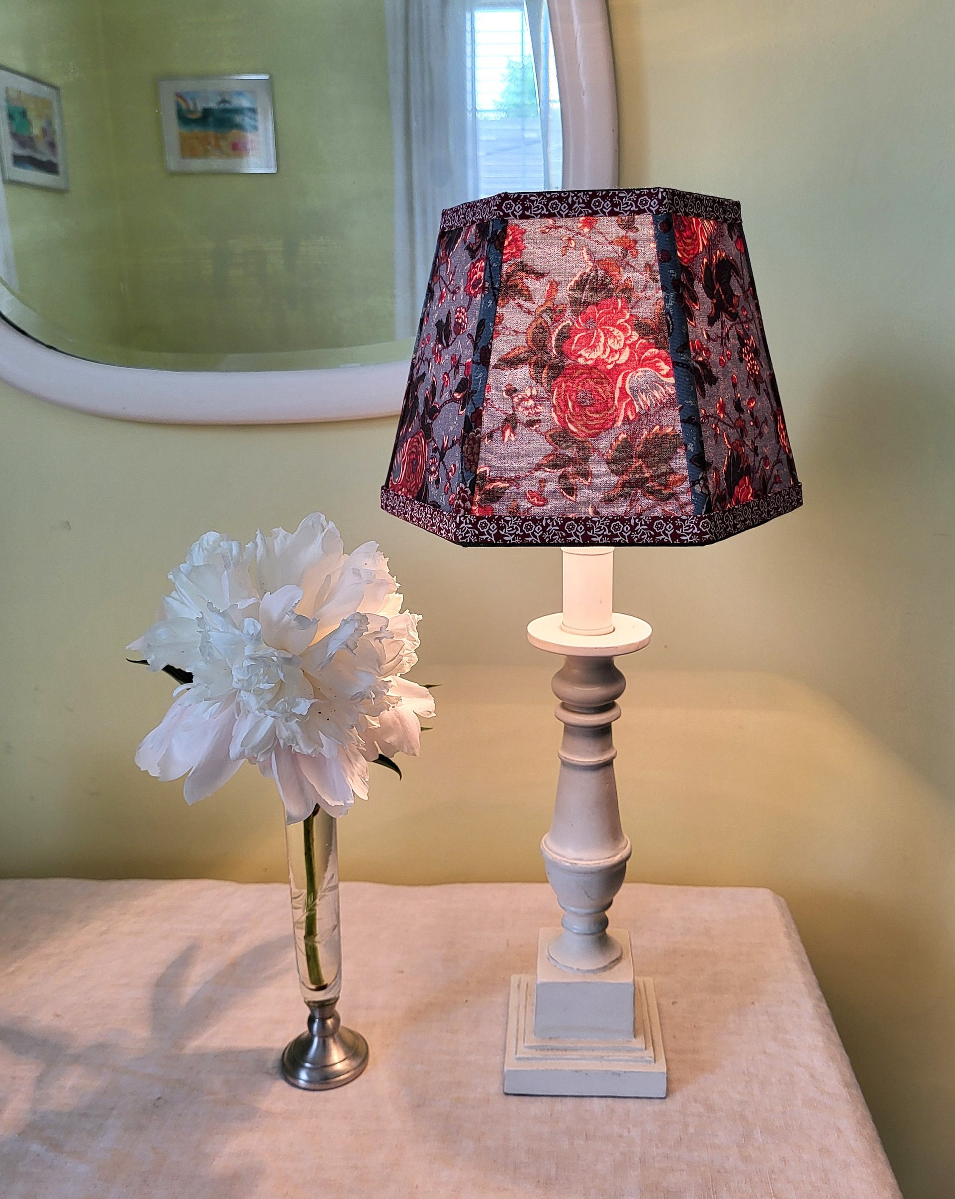 Small Floral Lampshade, Antique Blue Red Green Clip On Hex Bell