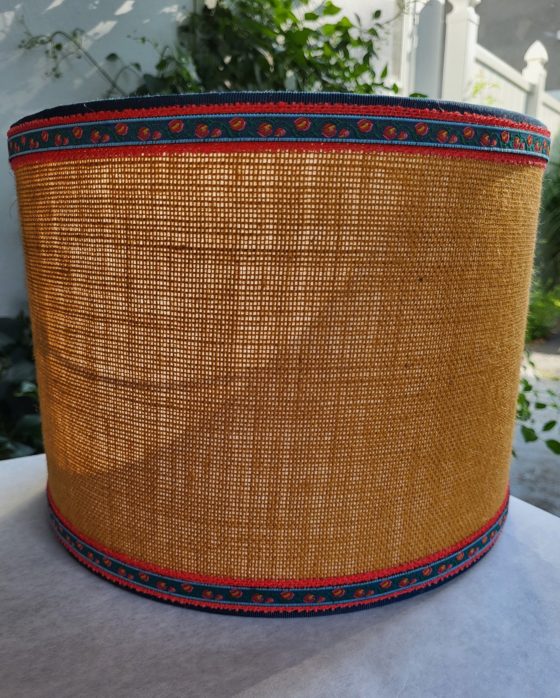 Mustard Burlap Lampshade Drum Gray and Yellow Floral Trim