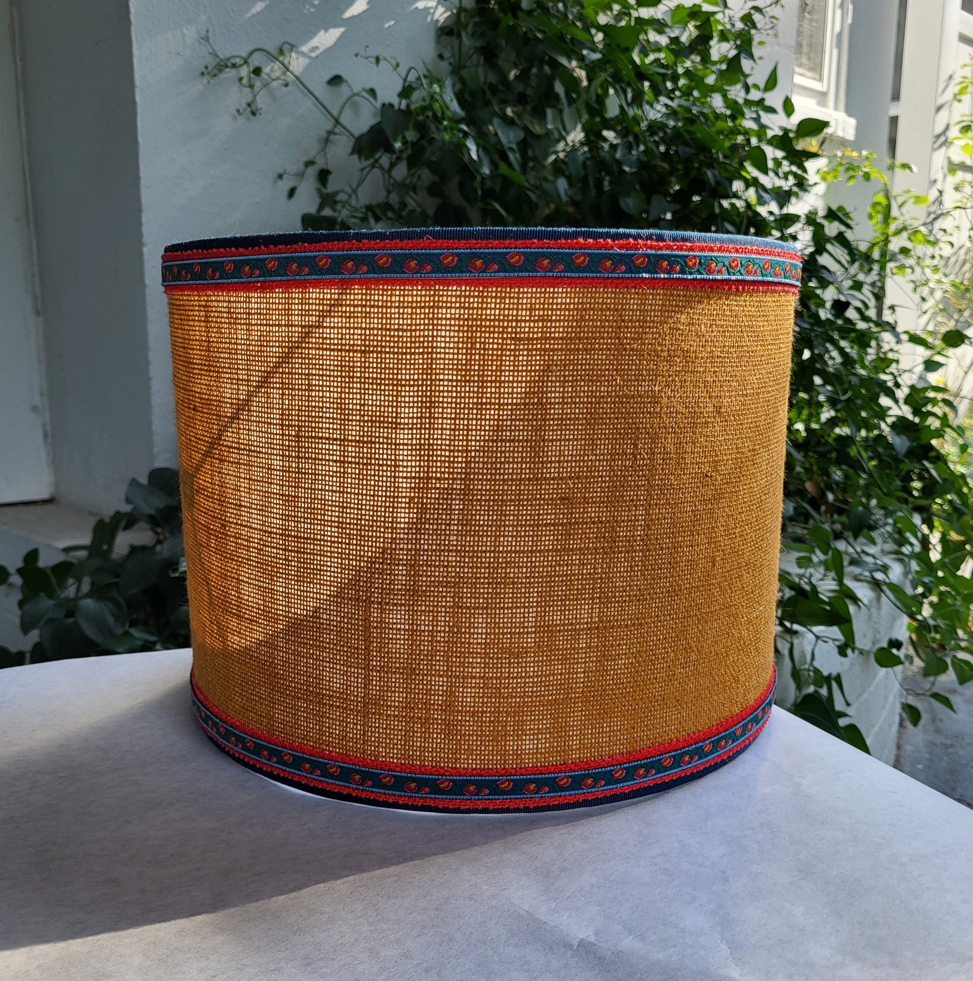Mustard Burlap Lampshade Drum Gray and Yellow Floral Trim