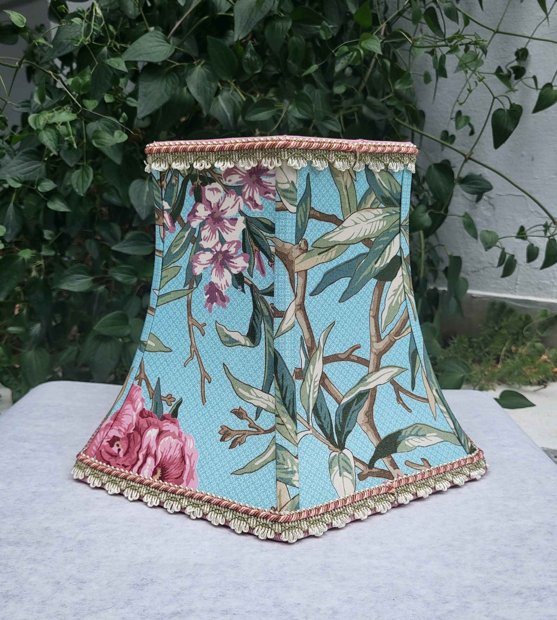 Bridge Lampshade, Blue Floral Greeff Fabric Hexagon Bell