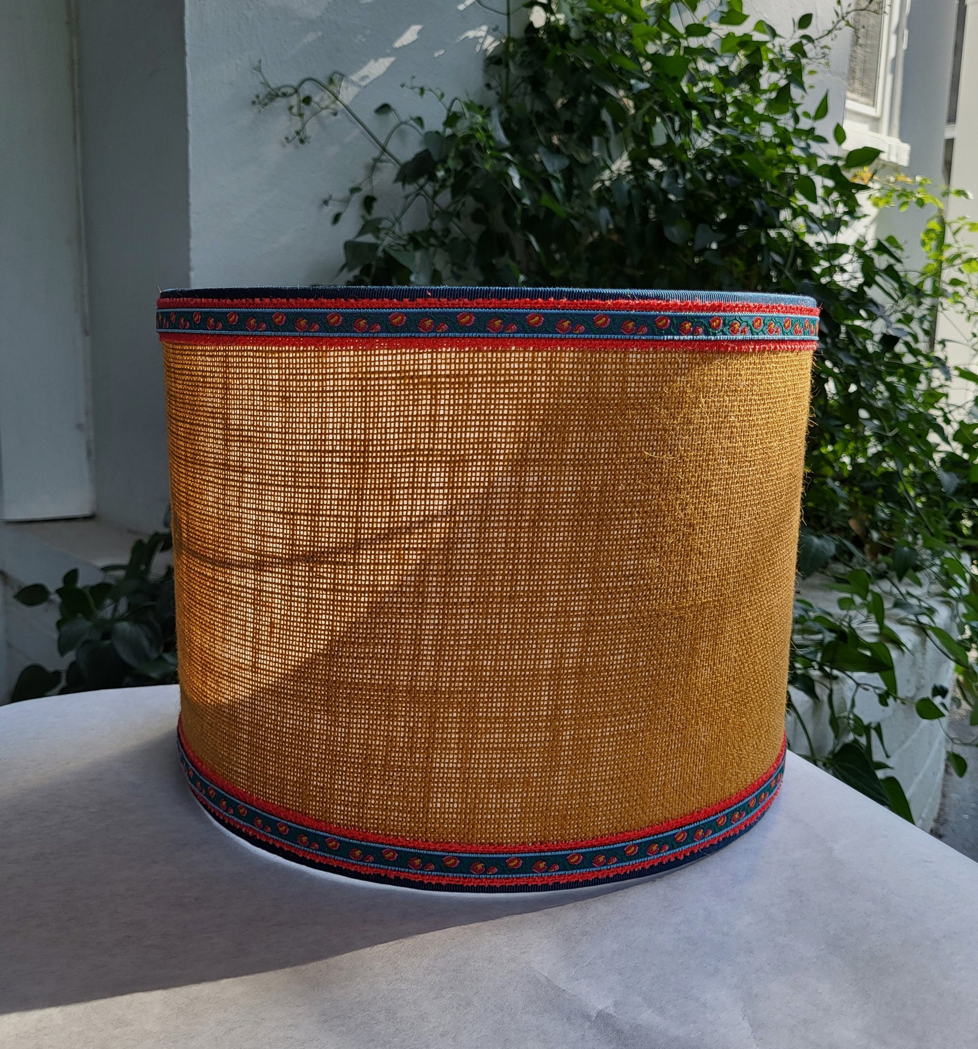 Mustard Burlap Lampshade Drum Gray and Yellow Floral Trim