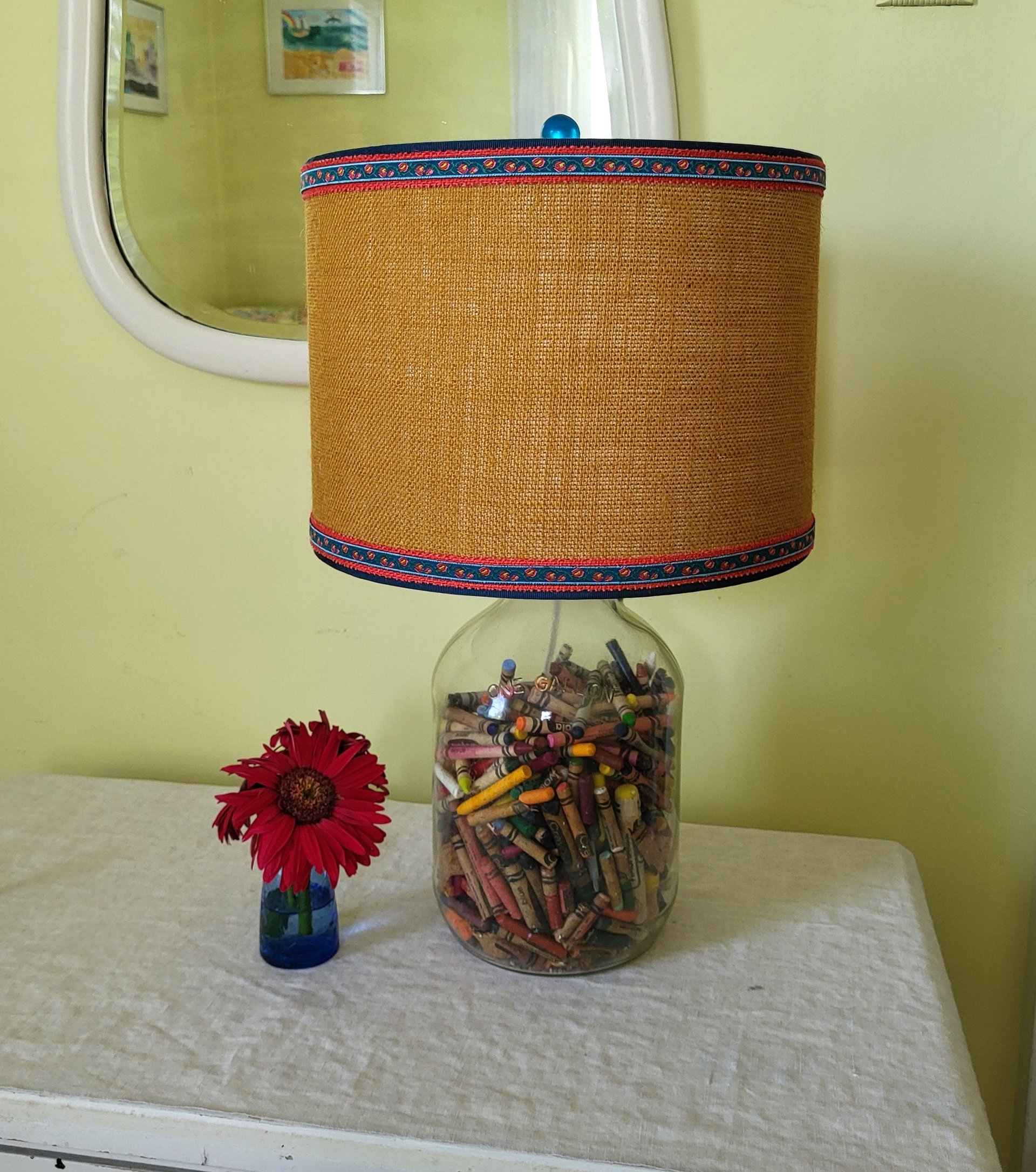 Mustard Burlap Lampshade Drum Gray and Yellow Floral Trim