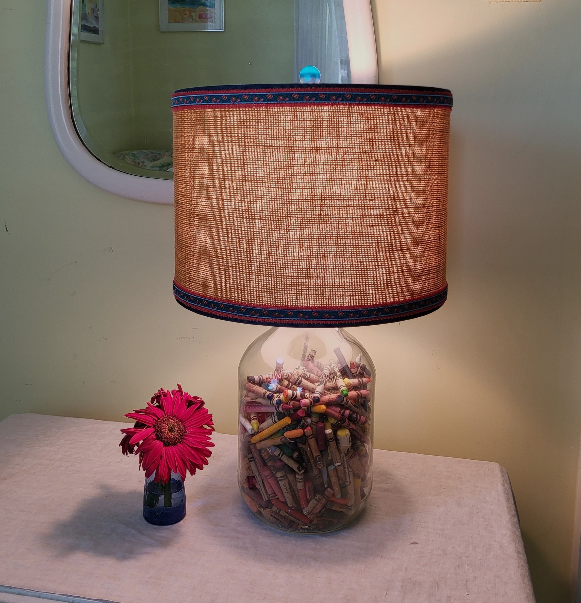 Mustard Burlap Lampshade Drum Gray and Yellow Floral Trim