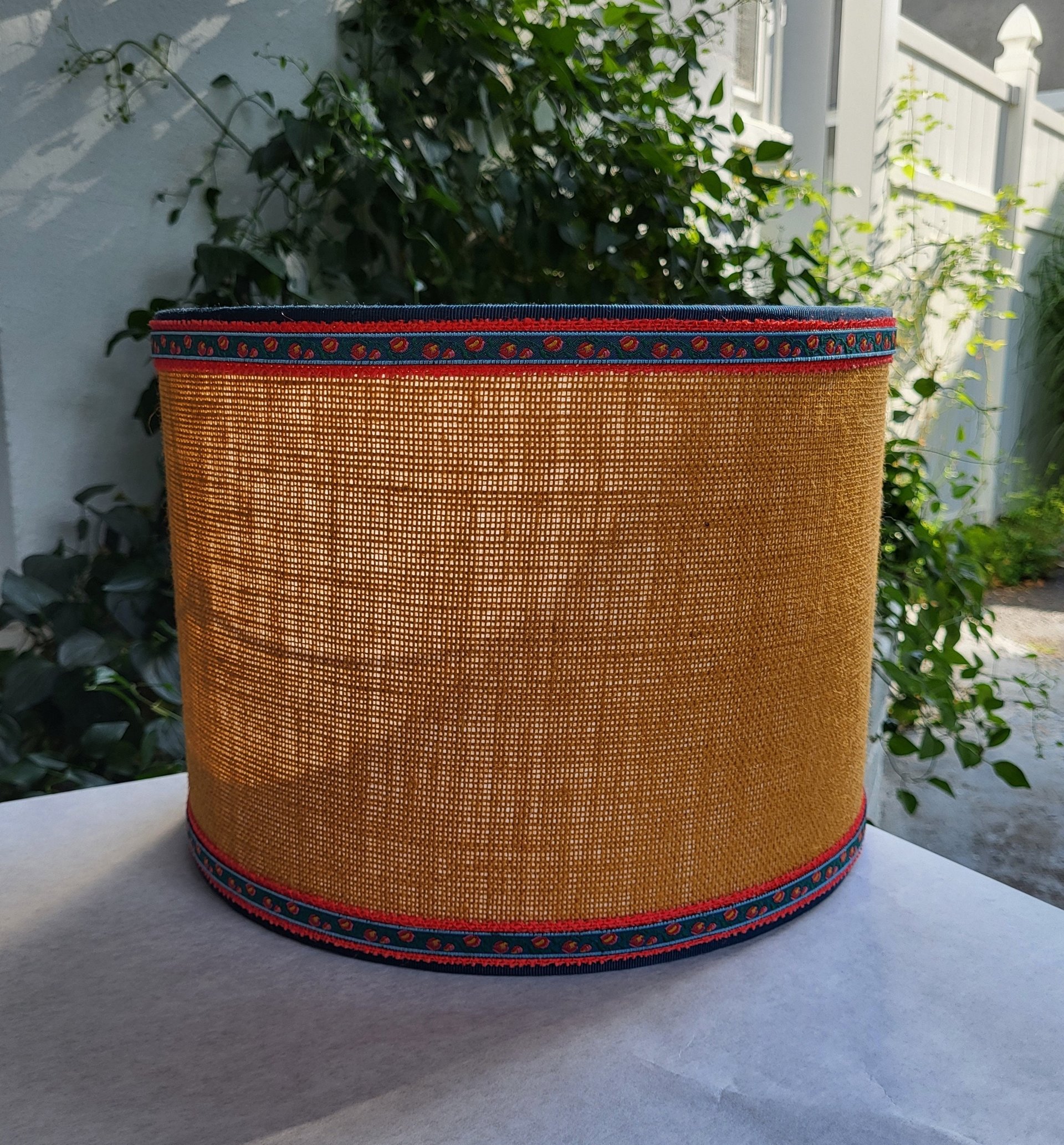 Mustard Burlap Lampshade Drum Gray and Yellow Floral Trim