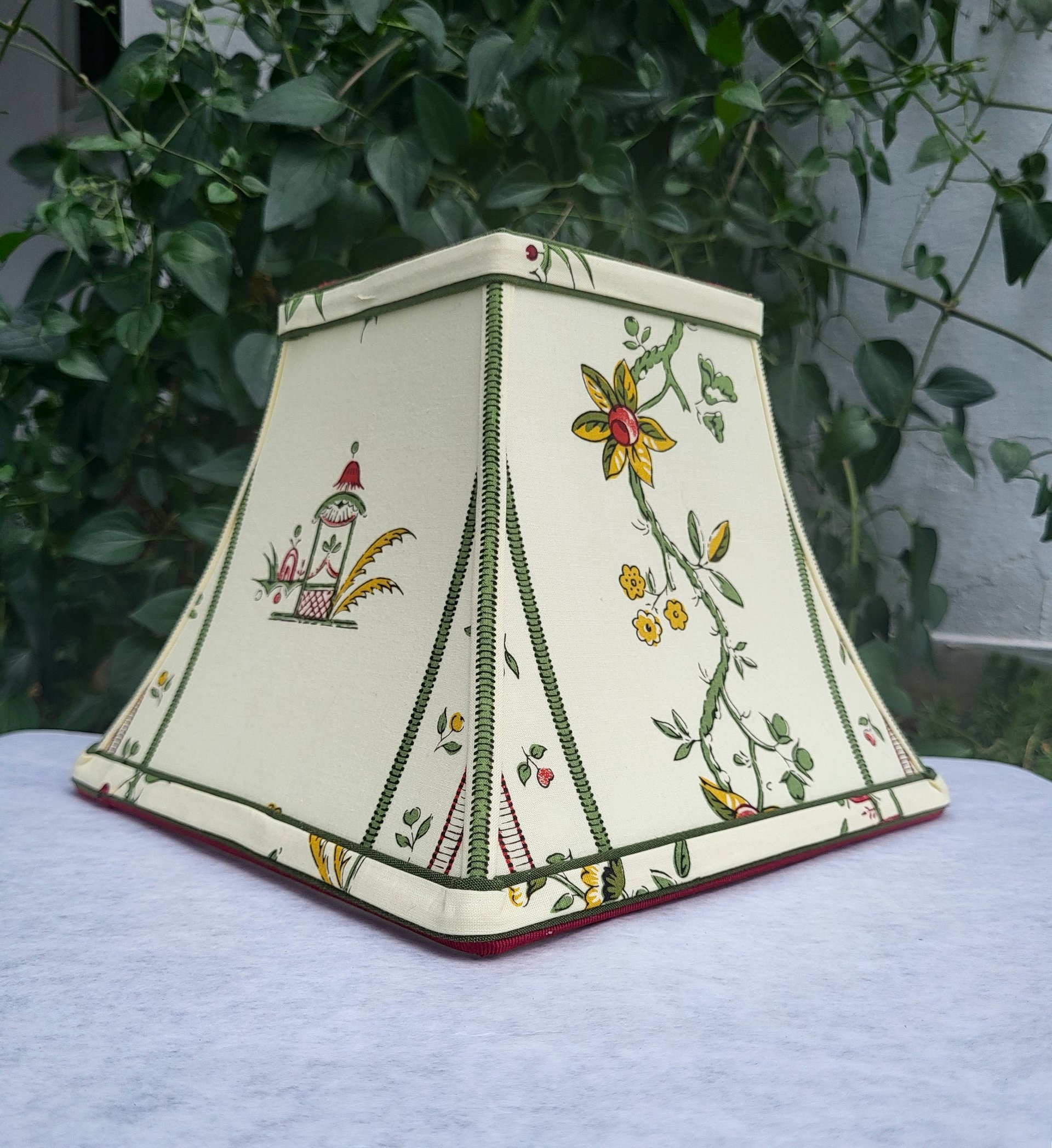 Square Bell Floral Lampshade, Pale Yellow, Green, Red Lamp Shade