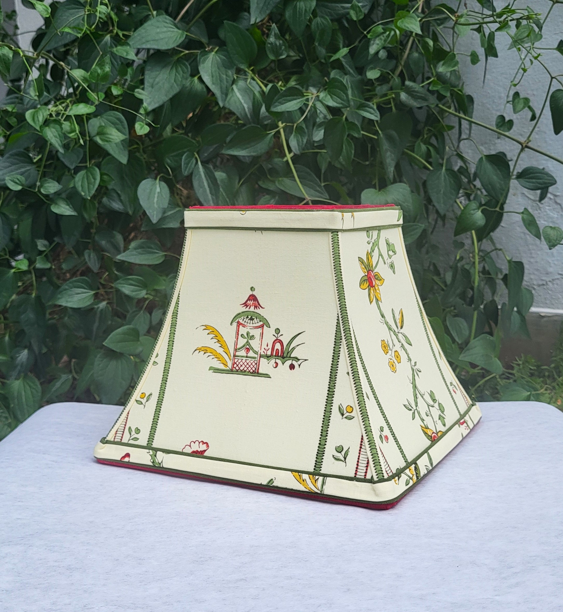 Square Bell Floral Lampshade, Pale Yellow, Green, Red Lamp Shade