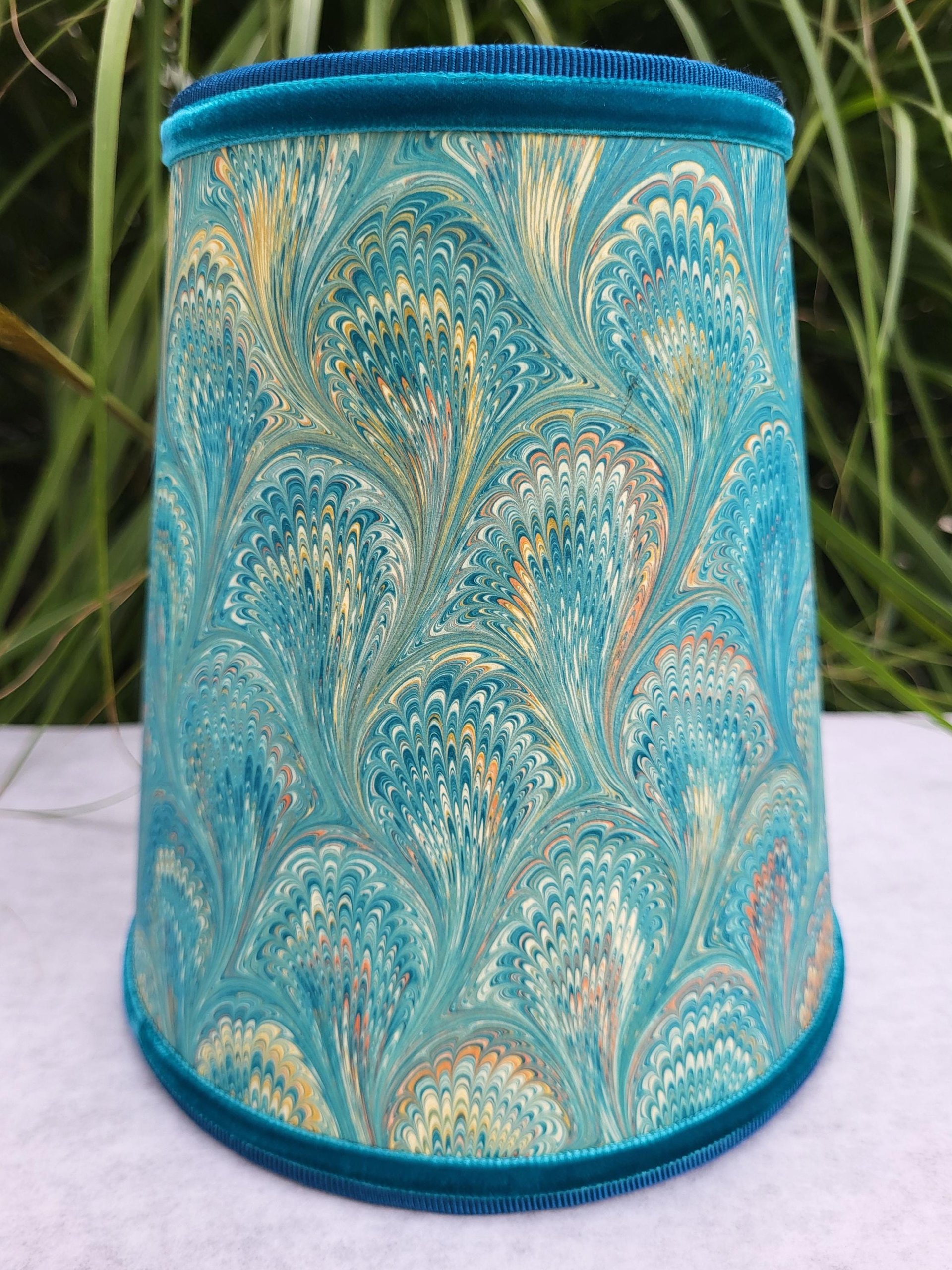 Pair Marbled Paper Sconce Lampshades Turquoise