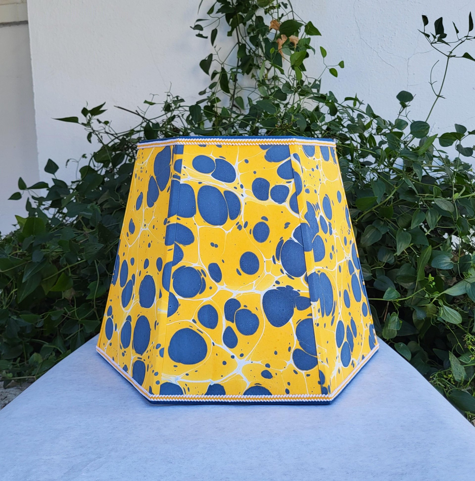 Large Marbled Paper Lampshade Yellow Blue